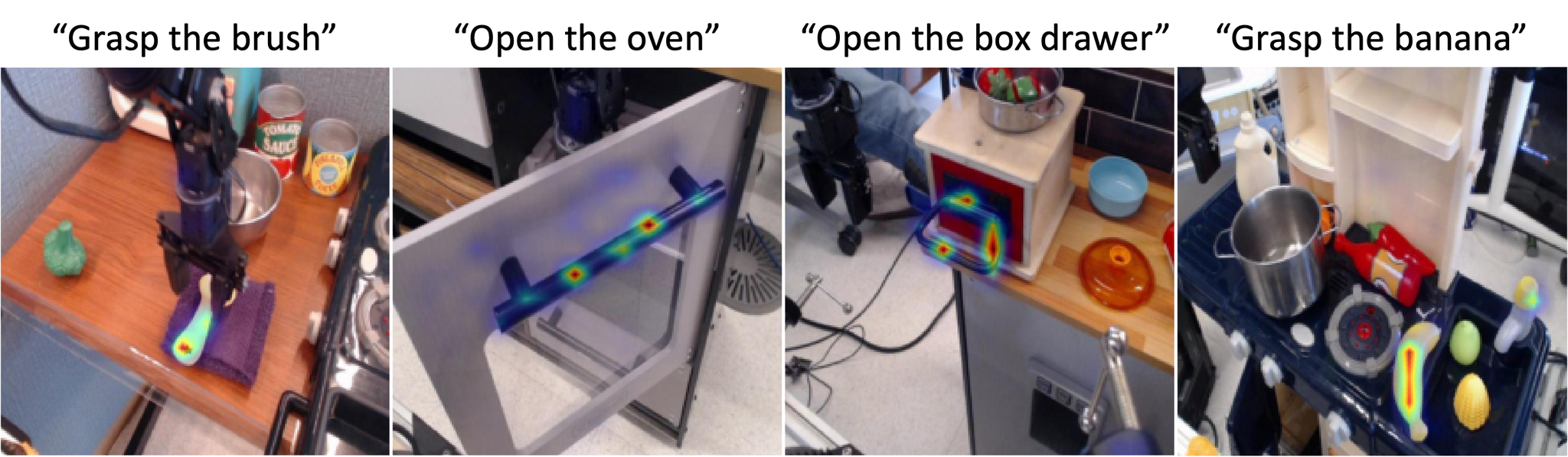 Figure 7: Zero-shot Espresso-2D on real-world robot scenes. Despite the visual domain gap from Objaverse renderings, Espresso-2D pretrained on Affogato-750K localizes open-vocabulary affordances correctly across diverse, cluttered Open X-Embodiment [73] robot workspace images.