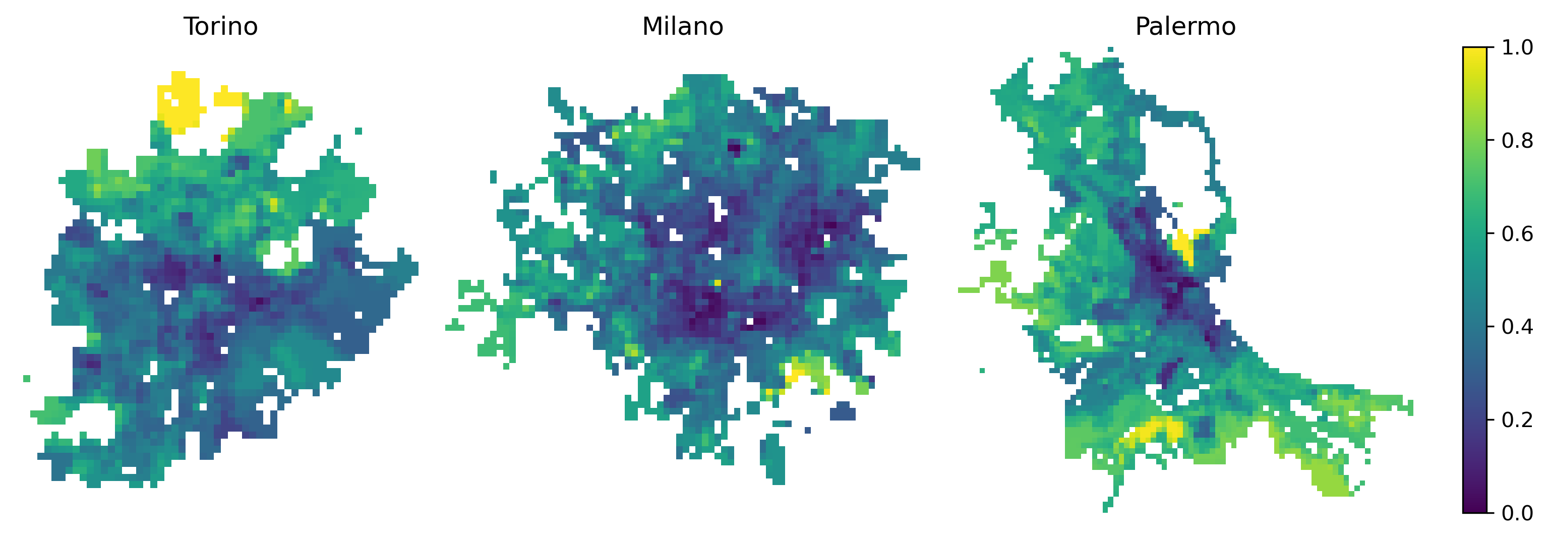 Figure 3: Data-driven distribution of the proportion of non-compliant individuals, r_i, scaled such that 0 represents the minimum level and 1 the maximum level of non-compliance. Darker colors correspond to smaller values, using the same color normalization for the three cities.