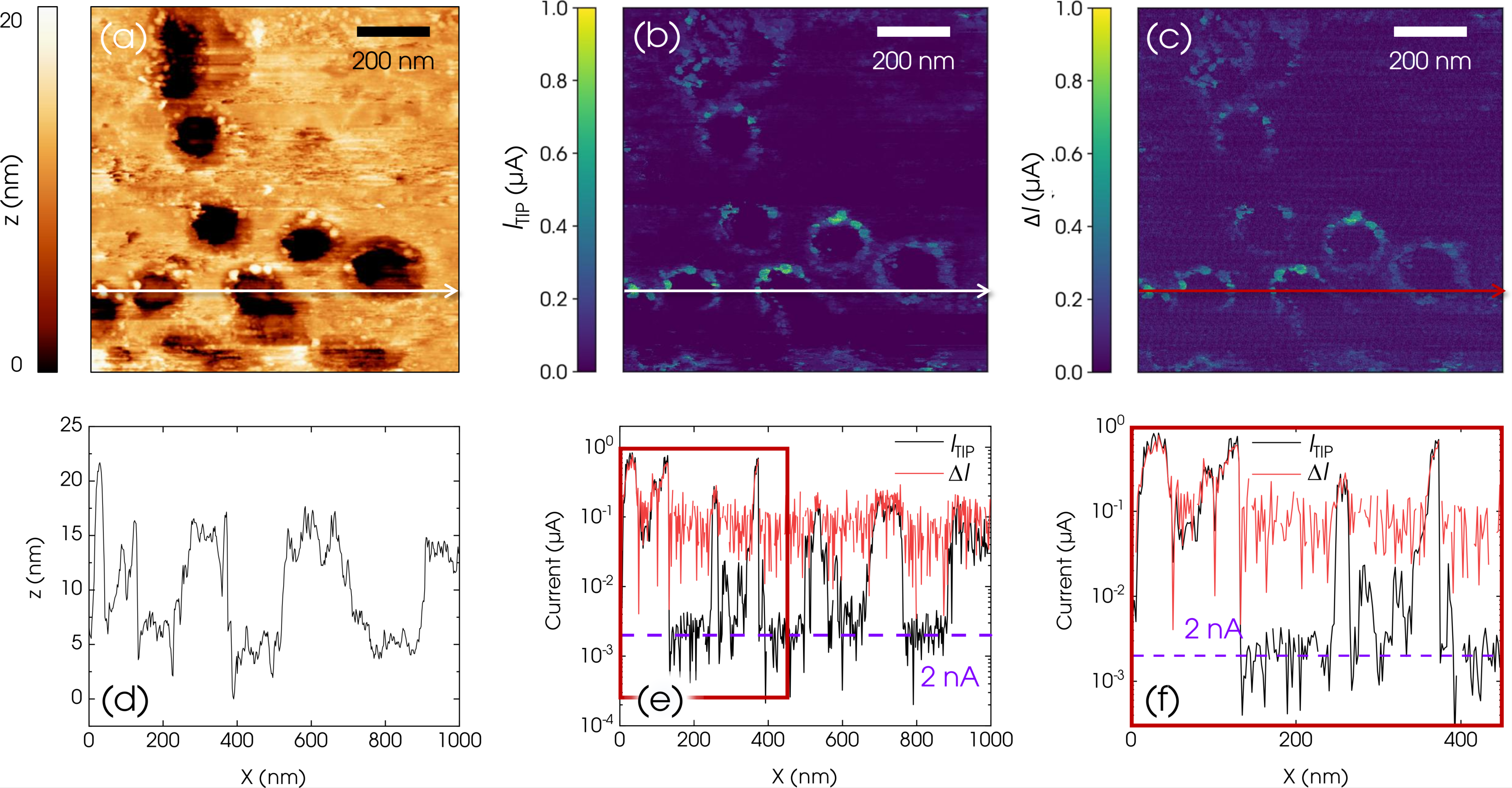 Figure 10: (a) (1) Effective STM topography of the ALE sample acquired at \textrm{V}_\textrm{TIP} = 5.5 V, \textrm{I}_\textrm{TIP} = 2 nA and \textrm{V}_\textrm{LED} = 0 V with the topography profile along the white line shown in (d). (b) Tip current map with the corresponding profile shown in black in (e). (c) Differential current map acquired with \textrm{R}_\textrm{G} = 100 \textrm{k}\Omega, with the line profile shown in red in (e). (f) A zoom of the current line profiles.