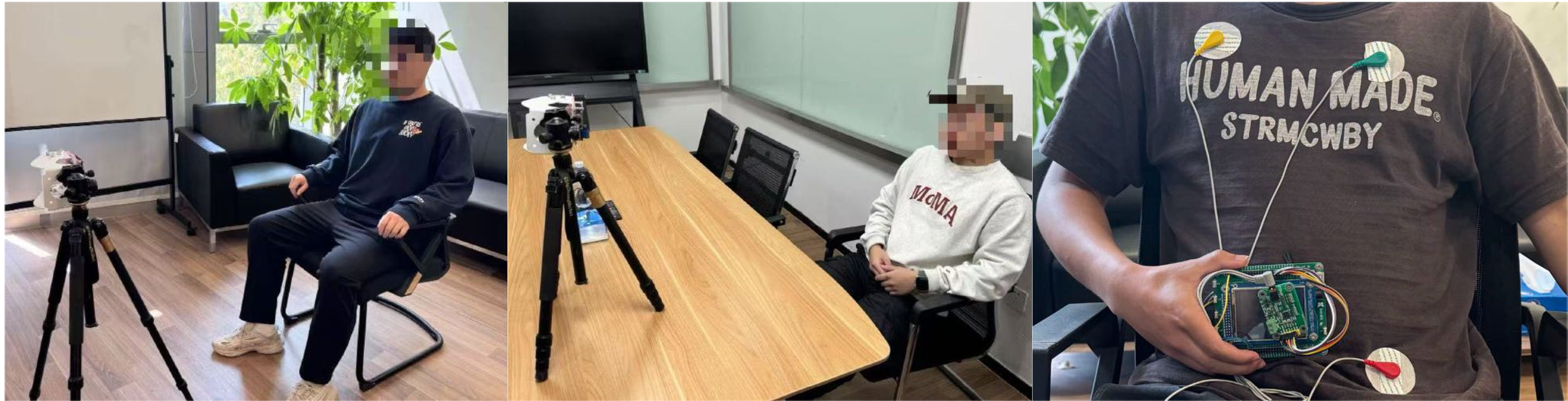 Figure 7: Indoor scenarios for radar signal collection, with the synchronous ECG ground truth collected.