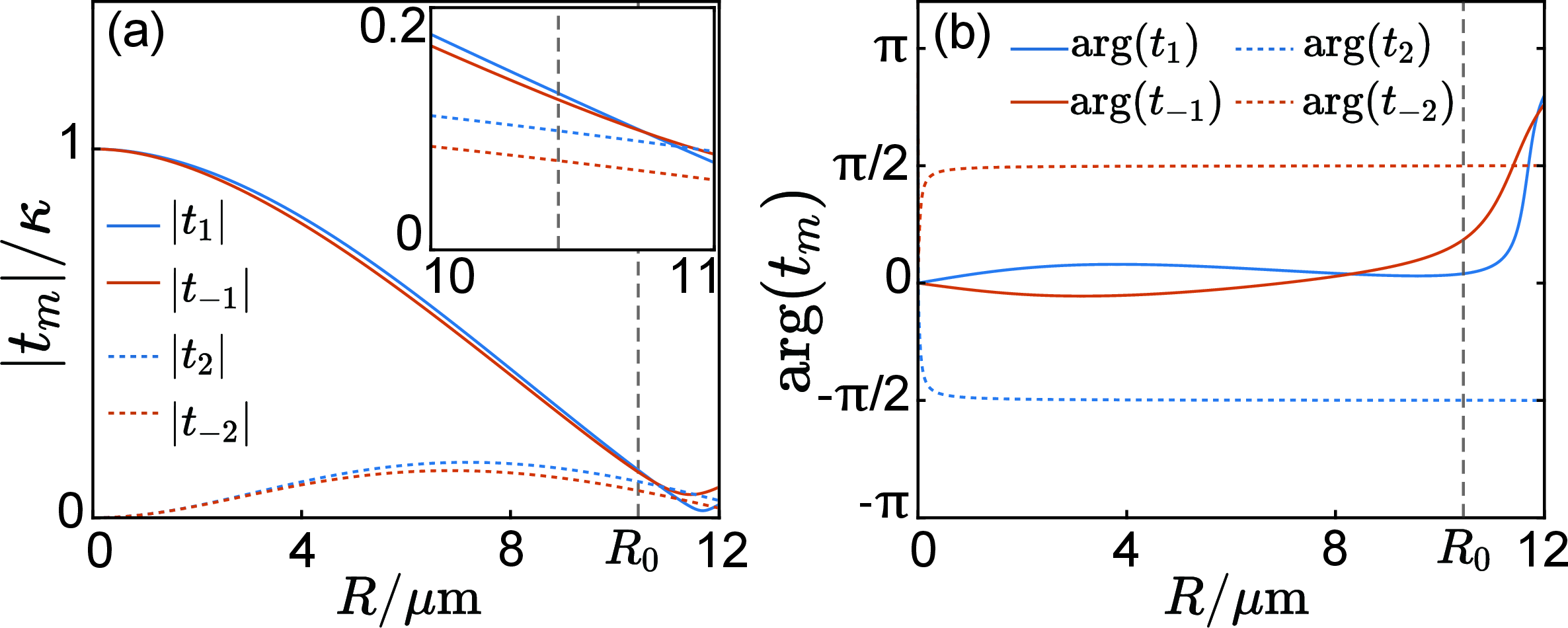 Figure 3: Amplitude (a) and phase (b) of the hopping term t_{\pm 1,\pm 2} in the helical waveguides as a function of R. We choose R_0=10.45 ~\mu \mathrm{m}, where the first- and second-order coupling strengths are comparable, with t_1/\kappa=0.128 + 0.016i, t_{-1}/\kappa=0.104 +0.068i, t_2/\kappa=-0.098i, t_{-2}/\kappa=0.074i.