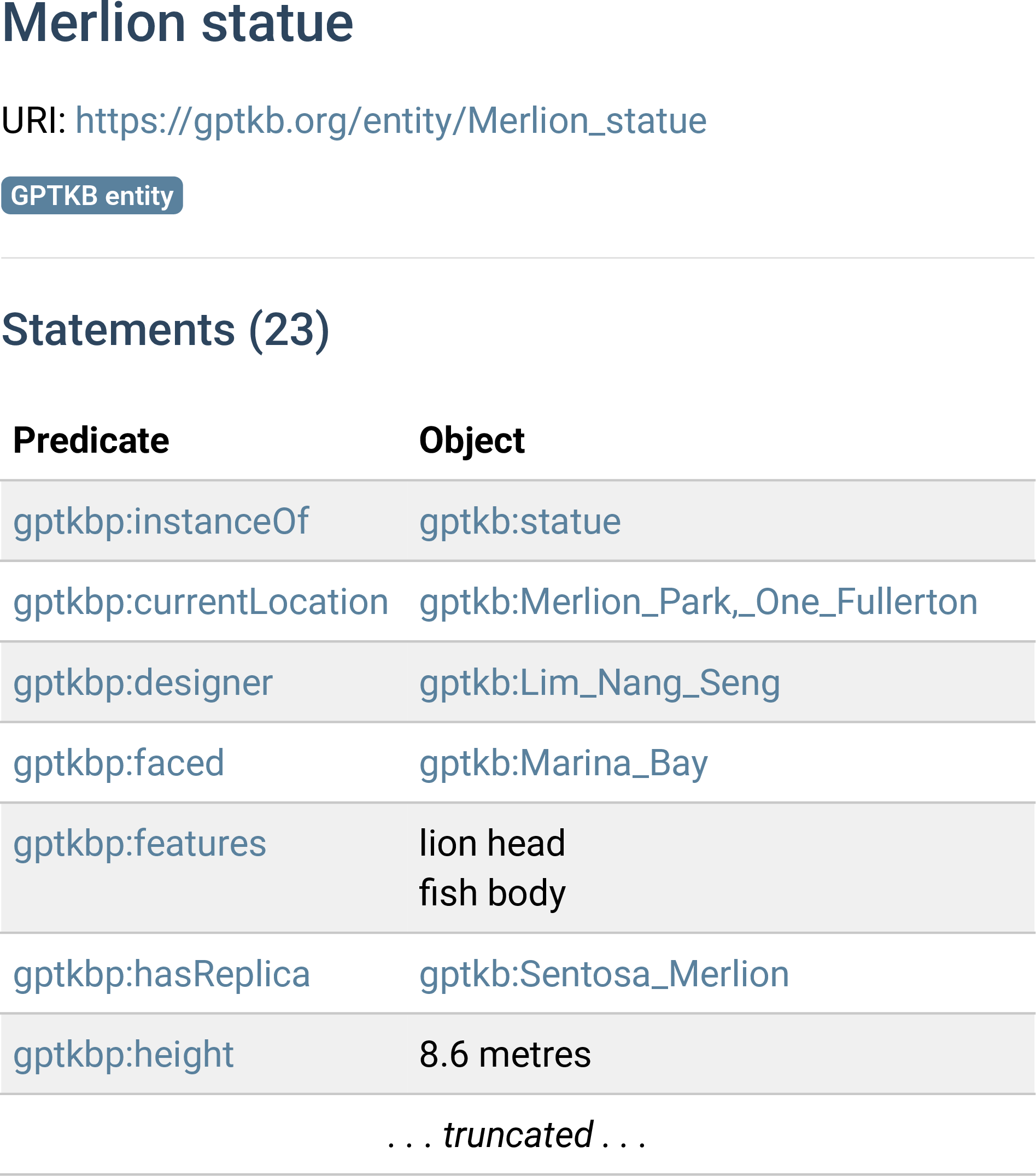Figure 1: GPTKB page for Merlion statue.