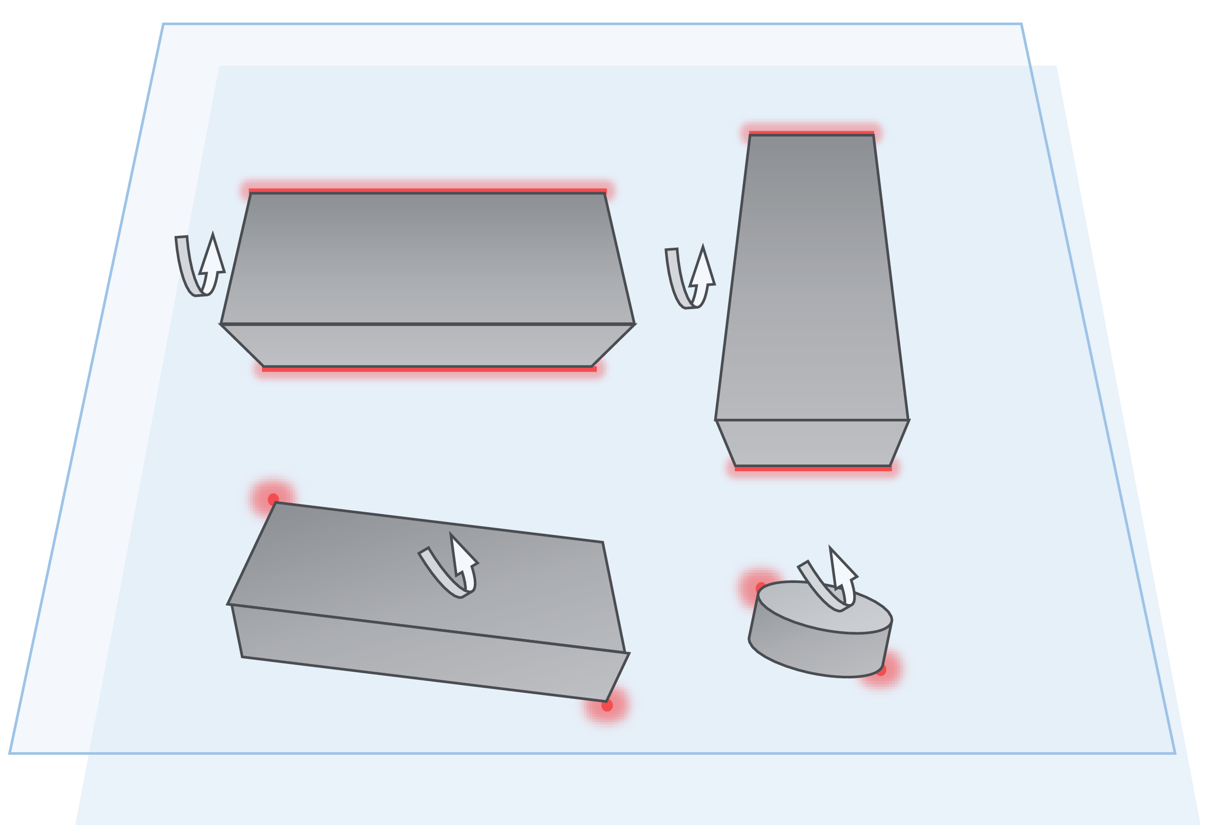 Figure 2: Possible contact zones (marked in red) between the bars or disks with the confining glass walls due to torques induced by the net magnetic field acting on each magnetic dipole. These contact points are the main contribution to friction in the system.