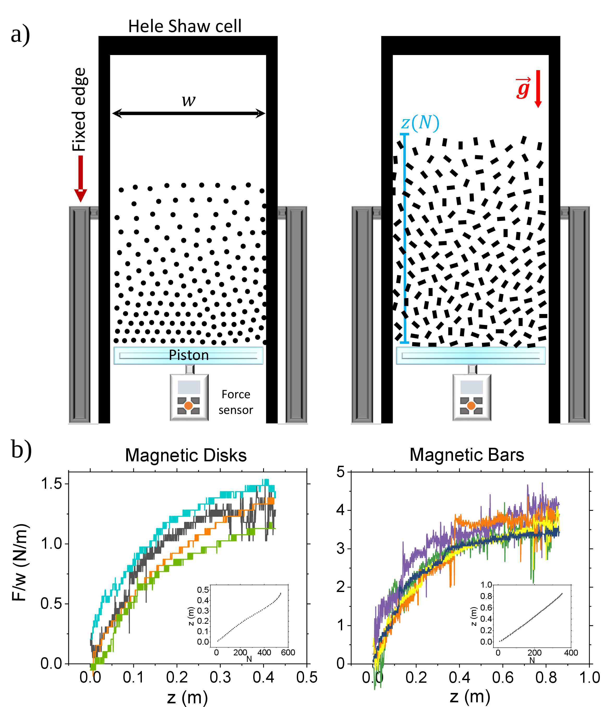 Figure 3: a) Schematic representation of granular columns obtained with magnetic disks (left panel) and magnetic bars (right panel) poured gently into the Hele-Shaw cell. b) Plots of the apparent weight of the granular columns F (per width length w) formed with disks (left panel) and bars (right panel) versus the column’s height z(N_i), measured during four pouring processes. Although z(N_i) is linearly proportional to the number of particles N_i (see insets), the Janssen-like saturation is found for F/w vs z for both geometries.