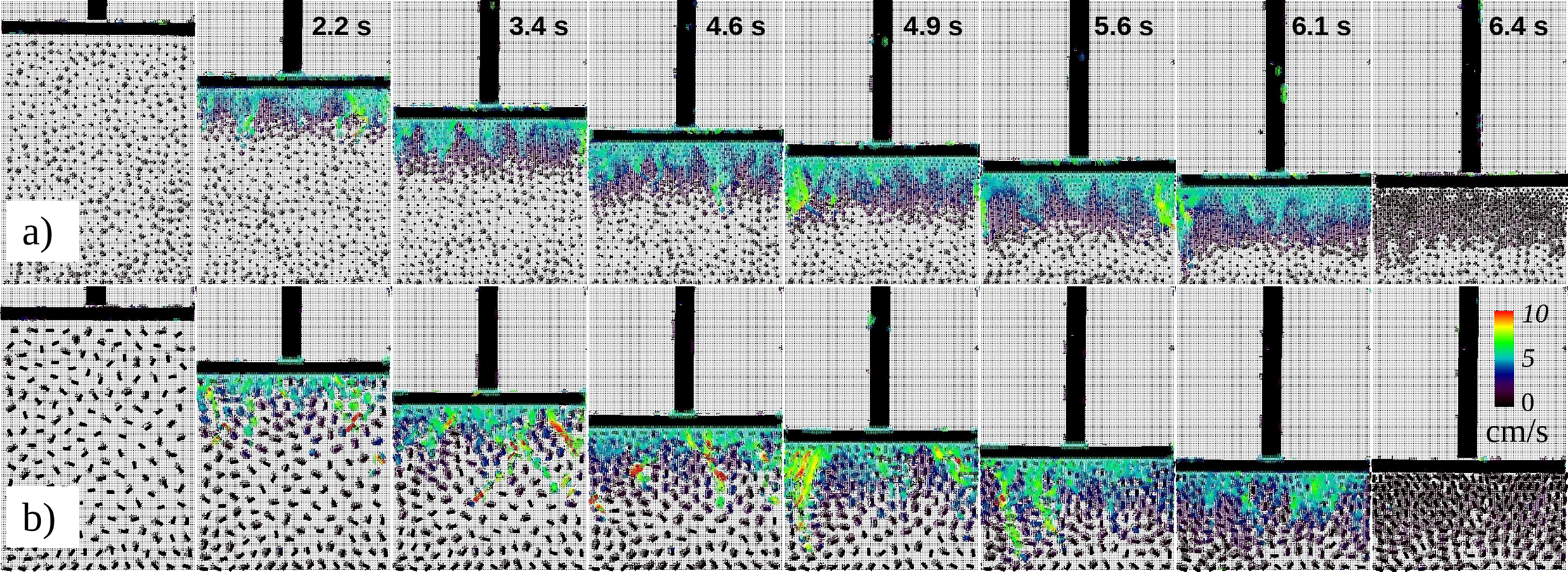 Figure 9: Top view snapshots showing the results of PIV analysis during the compression of the magnetic granular medium for the case of a) disks and b) bars, with the conditions v = 5 cm/s and \epsilon=0.6. The color scale indicates the corresponding particle velocity. The snapshots were rotated 90^{\circ} for better visualizing the relative piston displacement (actually, the motion is along the horizontal plane).