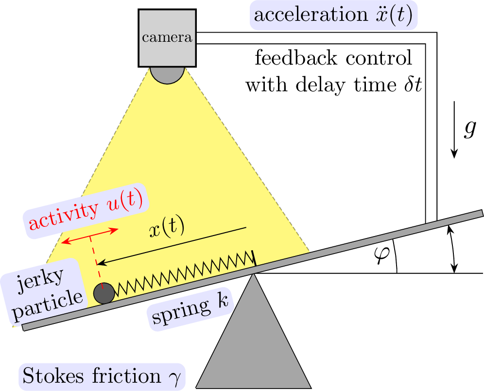 Figure 1: Schematic set-up to realize a jerky active particle in one dimension: The particle (black sphere) with bare mass m_p is moving on a tilted plane and the tilt angle \varphi is steered externally by delayed feedback resulting in a force m_p g \sin (\varphi ) that is an odd function of {\ddot x}(t-\delta t) with g denoting the gravitational acceleration and \delta t > 0 the time delay. In general, the particle is subject as well to a spring with spring constant k and Stokes friction with a friction coefficient \gamma. Activity enters via active Ornstein-Uhlenbeck noise (shown in red) which makes the motion stochastic and can be programmed as well.