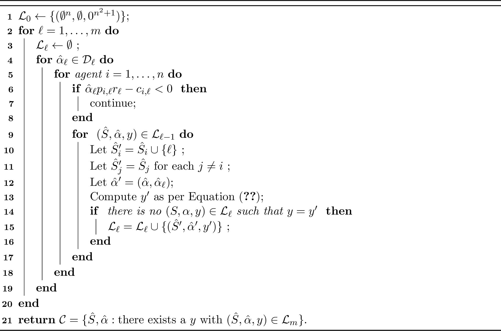 Figure 2: Dynamic programming to find all utility profiles Input: \{r_j\}_{j \in \mathcal{M}}, \{p_{i,j}\}_{i \in \mathcal{N}, j \in \mathcal{M}}, \{c_{i,j}\}_{i \in \mathcal{N}, j \in \mathcal{M}}, m, n, discretization of contracts (\mathcal{D}_{j})_{j \in \mathcal{M}}, of agents’ utilities (\mathcal{U}_{i})_{i \in \mathcal{N}}, and principal’s expected revenue \mathcal{H}, utility function \hat{U}_{i,j}(\cdot) and \hat{U}^P(\cdot,\cdot) Output: set of pairs (allocation, contracts) \mathcal{C}.