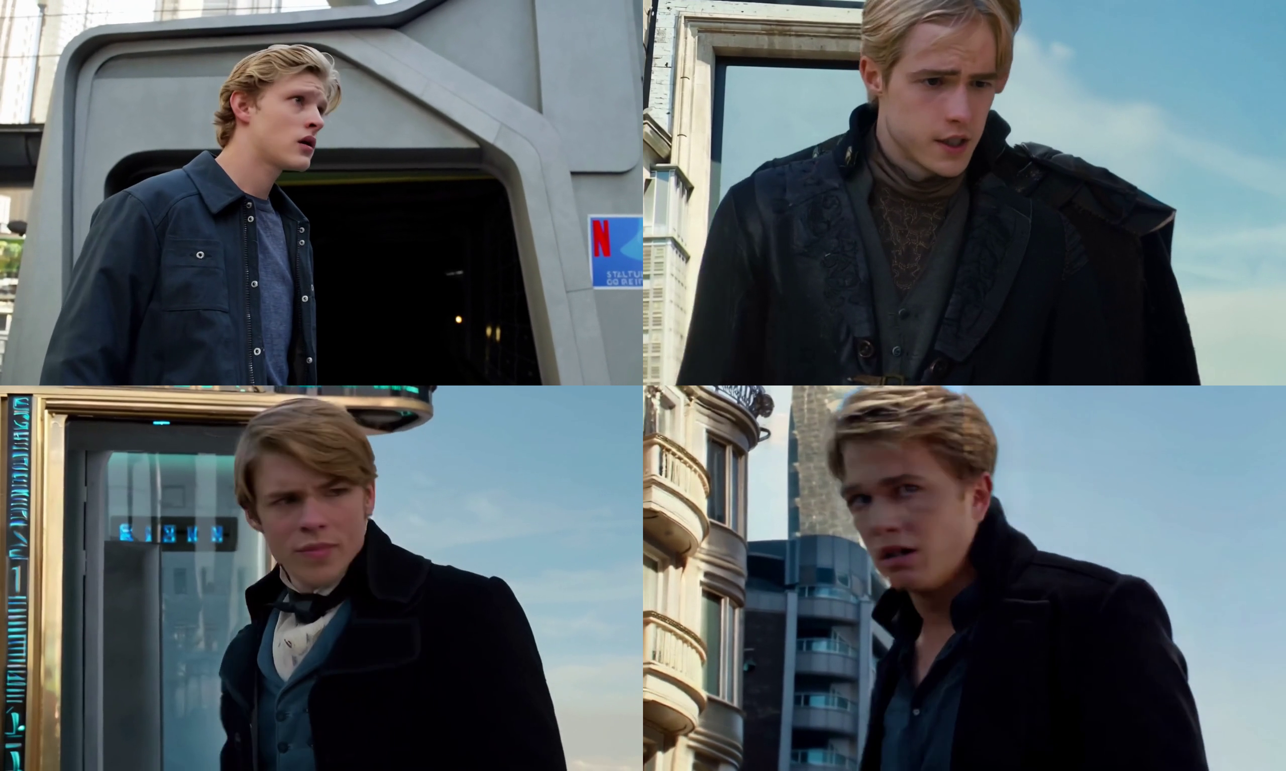 Figure 8: Input prompt: Movie scene of a time portal opening up in a modern city, a 18th century young blonde man walks out of it looking confused, close-up, sci-fi, Netflix Original, professionally color graded, 35mm film