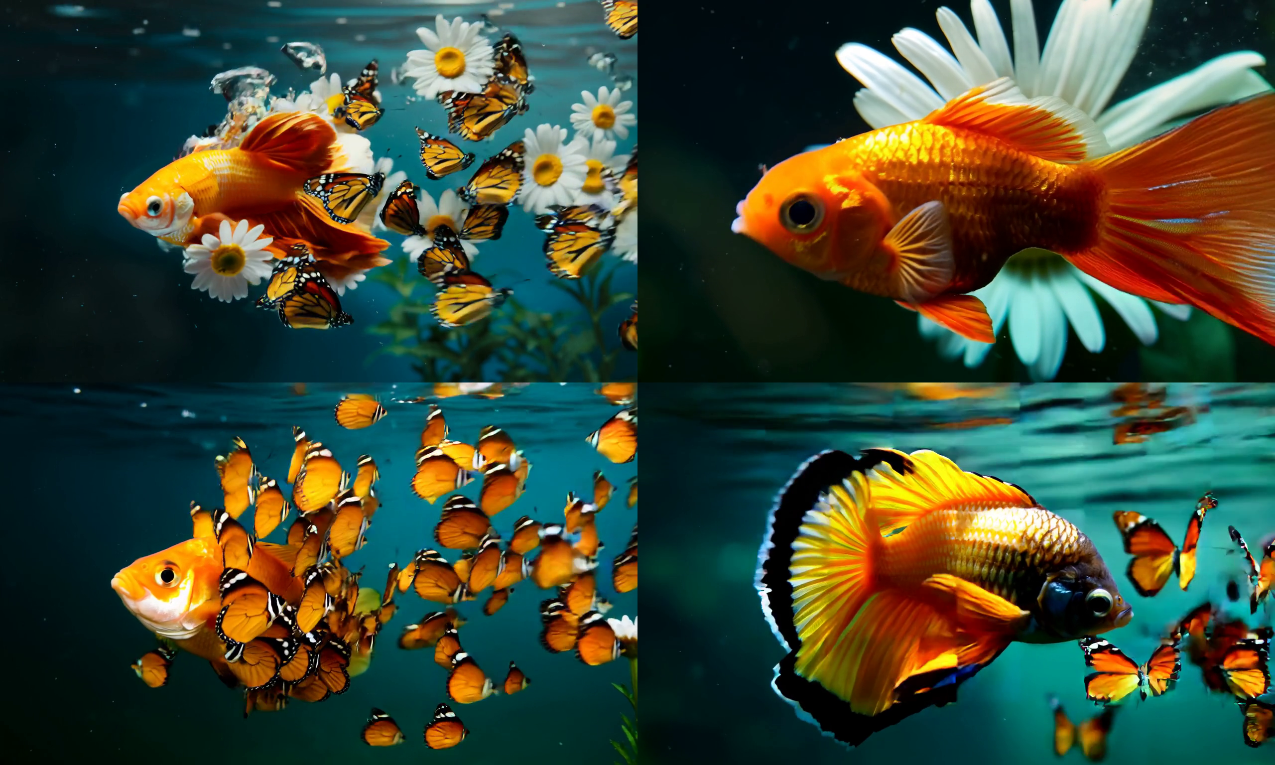 Figure 9: Input prompt: "Cinematic shot of a Beta fish swimming, moving dynamically in the water. A daisy is transformed into a group of butterflies. The fish has orange, blue and yellow colors. Beautiful nature documentary, low contrast, 35mm, color correction.