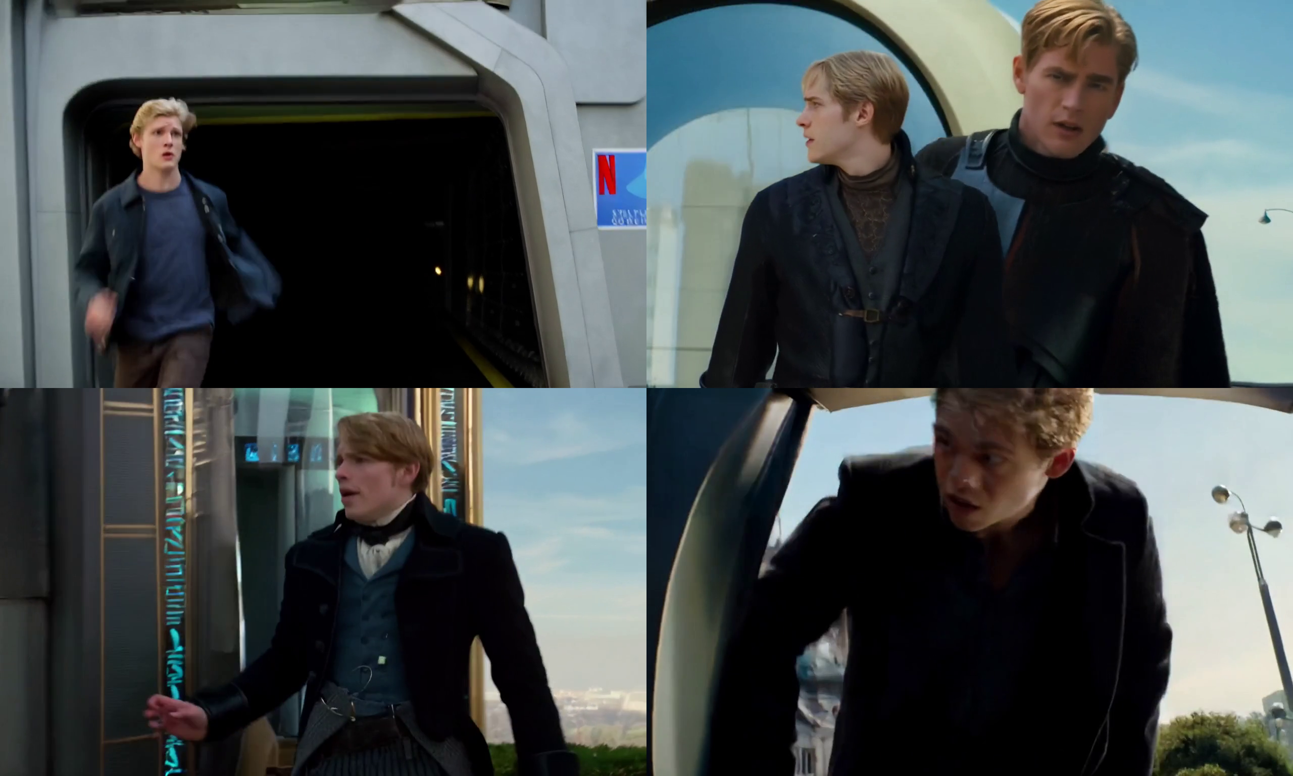 Figure 6: Input prompt: Movie scene of a time portal opening up in a modern city, a 18th century young blonde man walks out of it looking confused, close-up, sci-fi, Netflix Original, professionally color graded, 35mm film