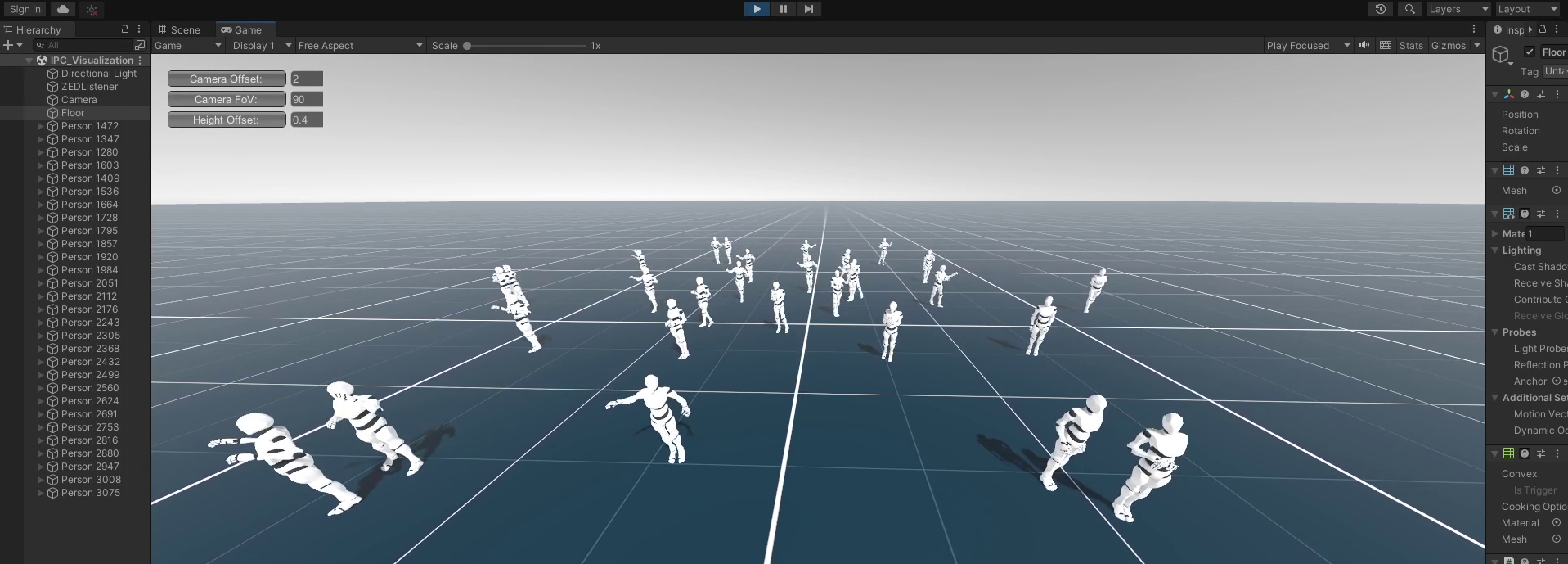 Figure 2: Thirty connected simulated dancers, generated using prerecorded motion signals transmitted among DanceGraph clients, the signals being simulated are indistinguishable from those generated in real-time by live ZED camera captured dancers.