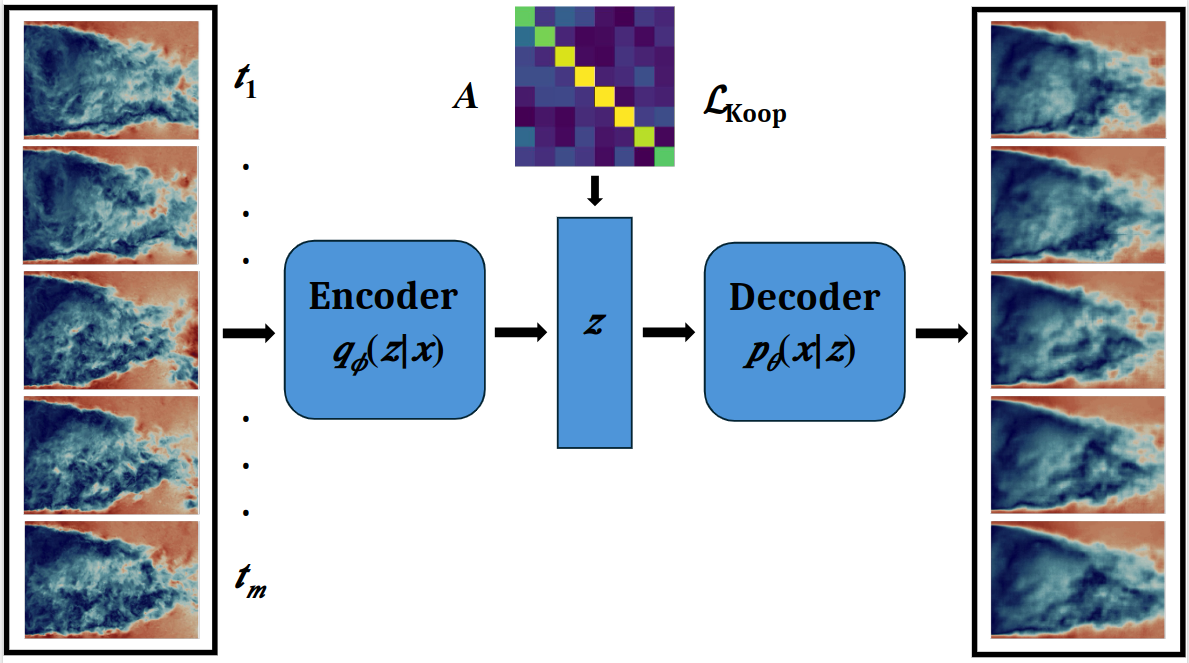 Figure 1: Schematic of the Koopman \beta-VAE, where small-scale structures are filtered out from turbulent input data through the use of the Koopman loss function.