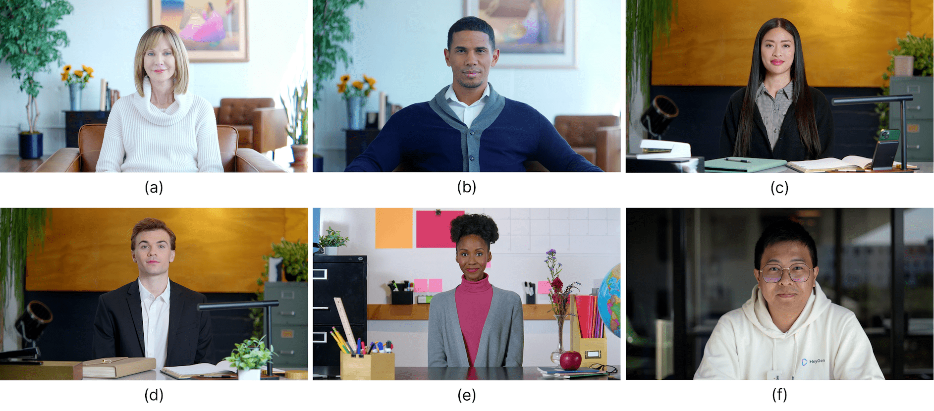 Figure 2: Avatar appearances that participants can choose between at the beginning of VAI survey ECA variant. Model names as adopted from Heygen are (a) Ann, (b) Shawn, (c) June, (d) Silas, (e) Judy, and (f) Wayne.