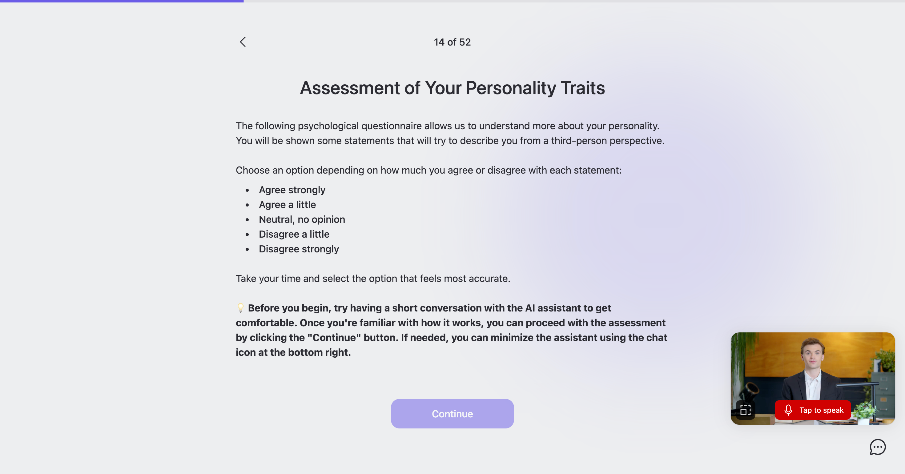Figure 3: Survey instructions with the embodied conversation agent displayed in the bottom right corner after it has been minimized (it starts maximized to the full browser window). In text-based variant, the agent is displayed analogously to 4.