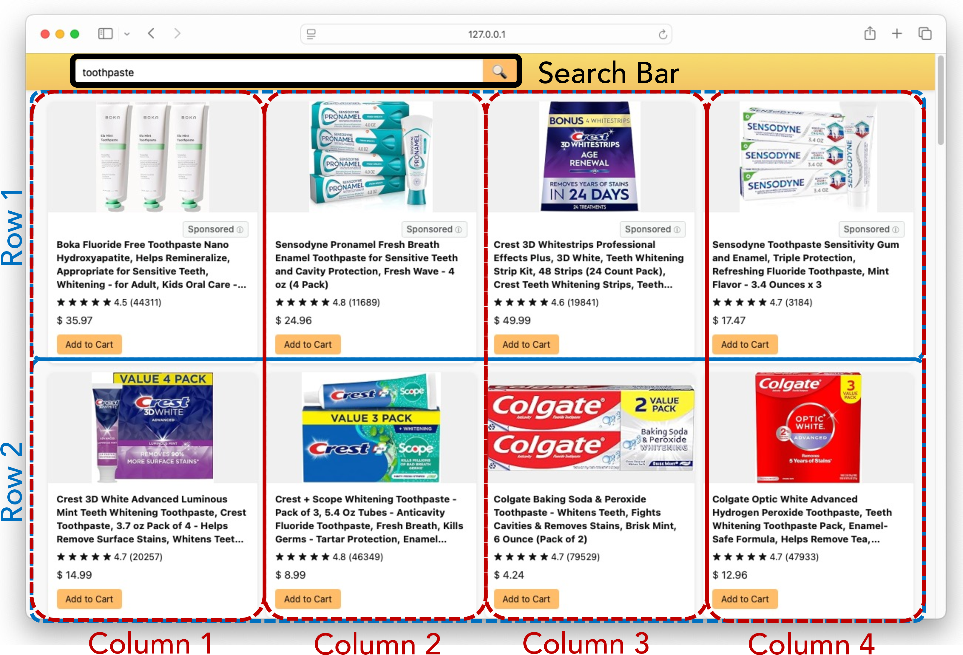 Figure 3: Mock-up app screen. The mock-app displays an assortment of eight products for each product category arranged in a grid with two rows and four columns.