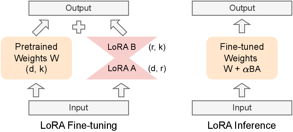 Figure 1: This figure demonstrates how LoRA is applied to weight matrices in fine-tuning and inference.