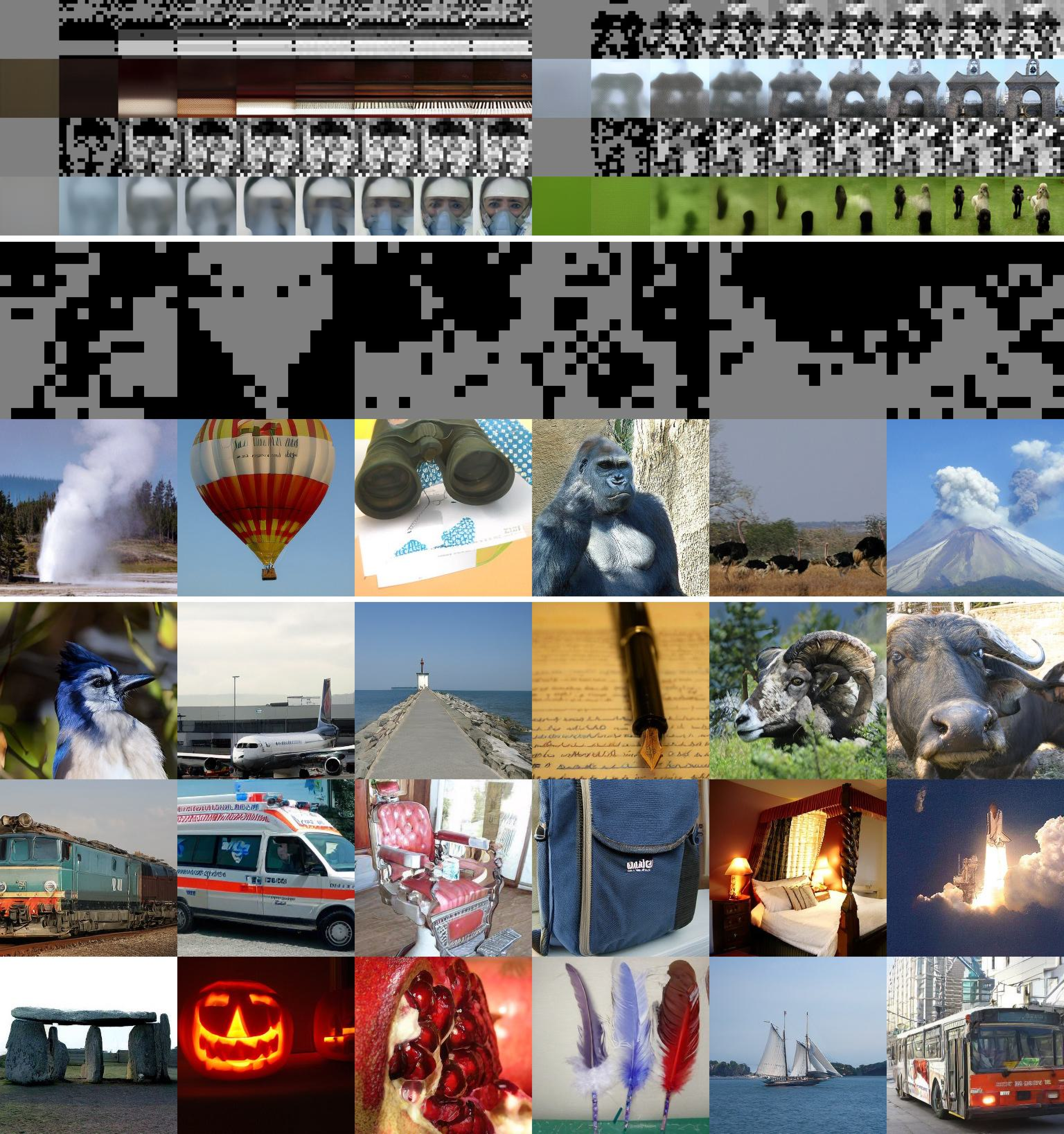 Figure 5: Visualization of generated images. Top: We show several representative examples to illustrate the iterative generation process. Middle: The generated binary structure maps align well with the final images. Bottom: Our NVG-d24 model can generate diverse and high-quality images.