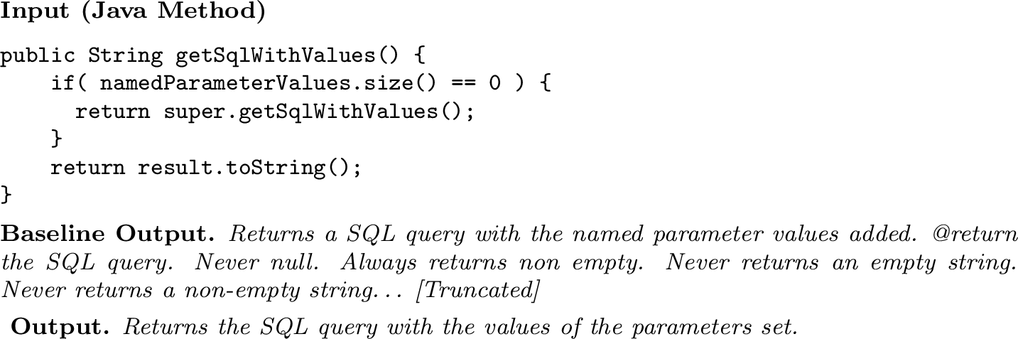 Figure 11: Summarization case study. The baseline falls into a repetitive Javadoc-style pattern, whereas EyeMulator produces a concise summary that captures the method’s behavior.