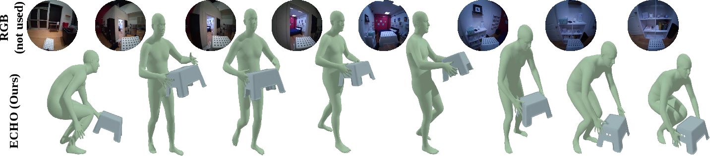 Figure 6: Qualitative results of ECHO. We demonstrate generalization to novel motion and objects from the Aria Digital Twin [123]; RGB is included for reference.
