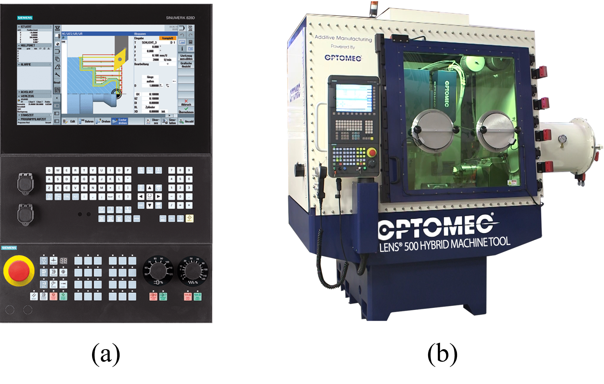 Figure 4: (a) Siemens Sinumerik 828D controller, (b) Optomec LENS®MTS 500 hybrid machine tool.