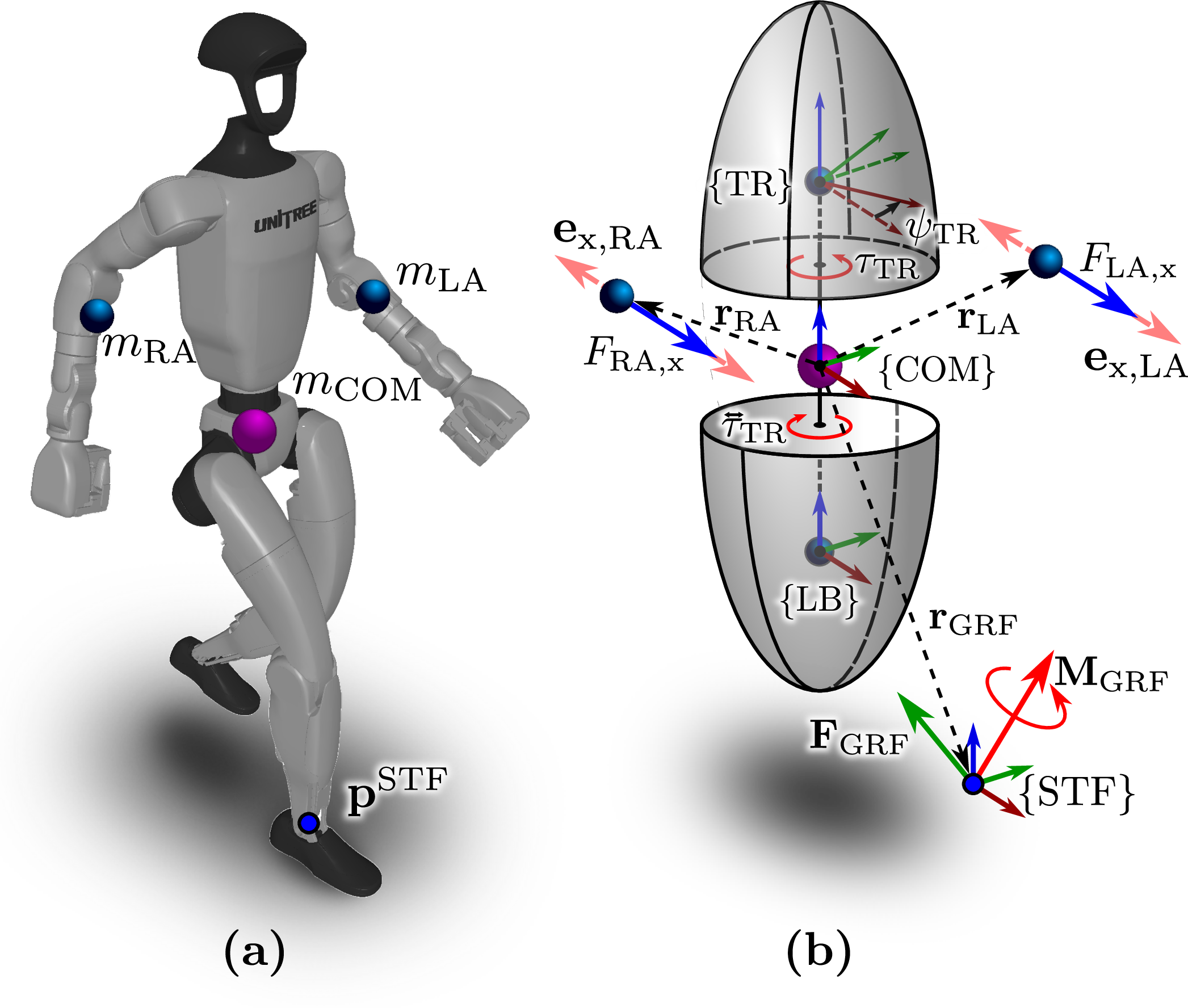 Figure 4: (a) The full humanoid robot model and (b) the proposed simplified model. We model the humanoid as four bodies: the lower body (LB), the torso (TR), and the left (LA) and right (RA) arm. The torso and lower body are connected through a torso z joint, and the arms are modeled as point mass that are connected to the torso.