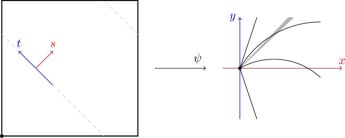 Figure 4: A point of order 1. The gray is 0 \le C_{in}^{-1}y \le x \le C_{in} y, and the black is |y|=C_{out}x with the values C_{in}=1.05, C_{out}=3, chosen far from optimal for emphasis. In the left hand side, t is the coordinate along v and s is the coordinate along v^{\bot}.
