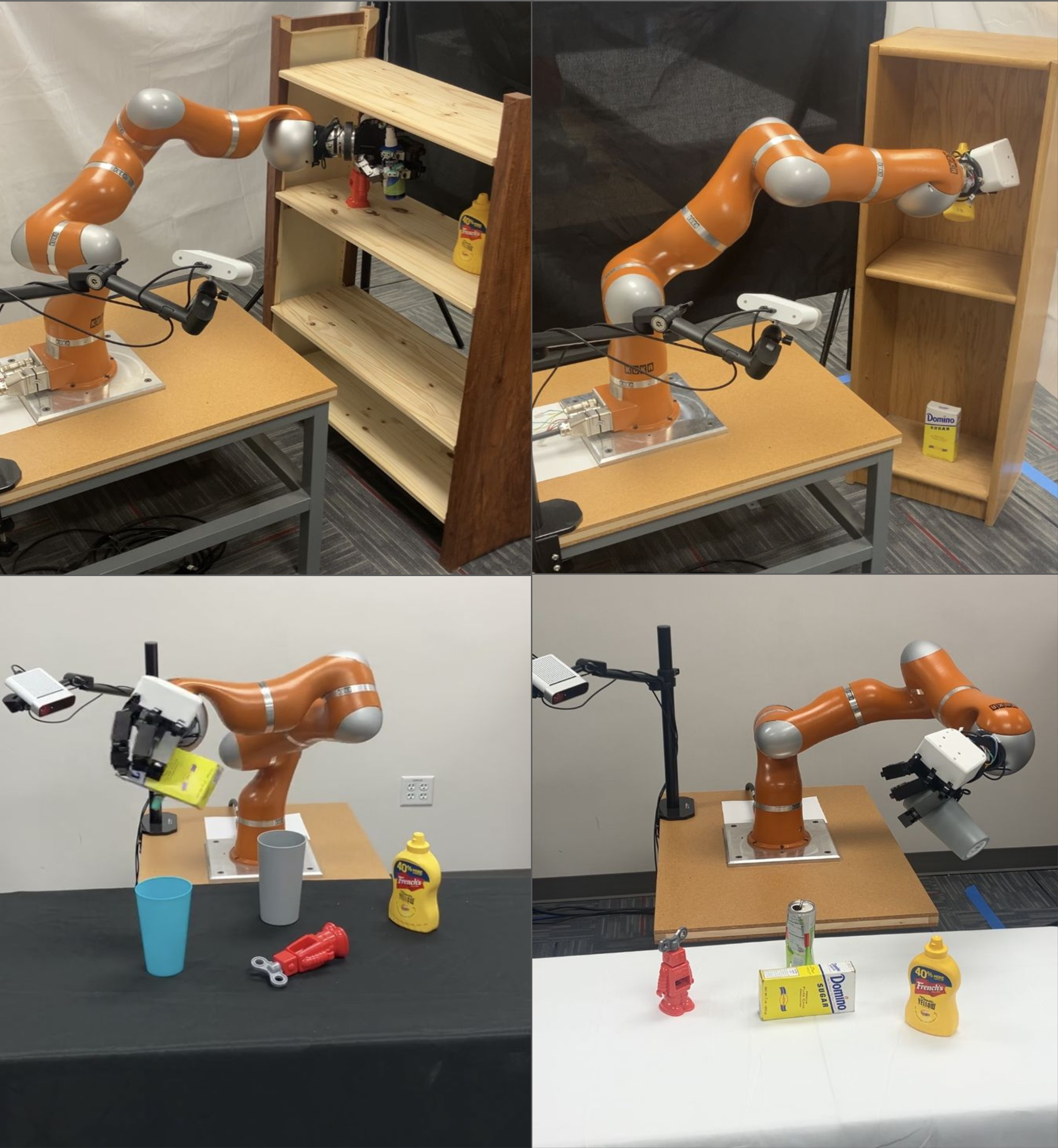 Figure 1: Grasps from different shelves and table heights are shown. The robot successfully grasps the target object while avoiding collisions with other objects and the environment. Our approach generalizes to novel environments containing multiple objects.