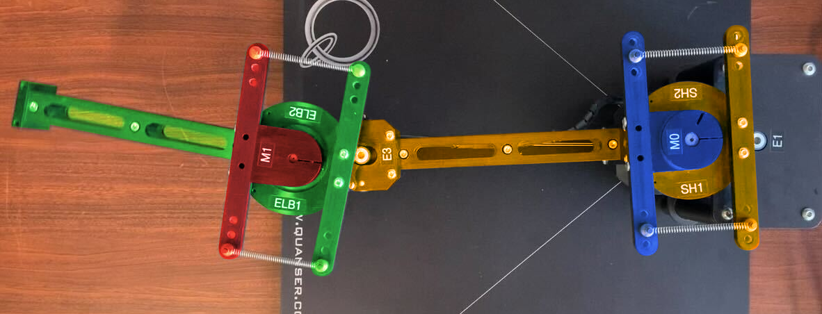 Figure 5: Picture of Quanser 2 DOF Serial Flexible Joint with colorized rigid bodies (blue: shoulder motor hub; orange: shoulder link; red: elbow motor hub; green: elbow link).