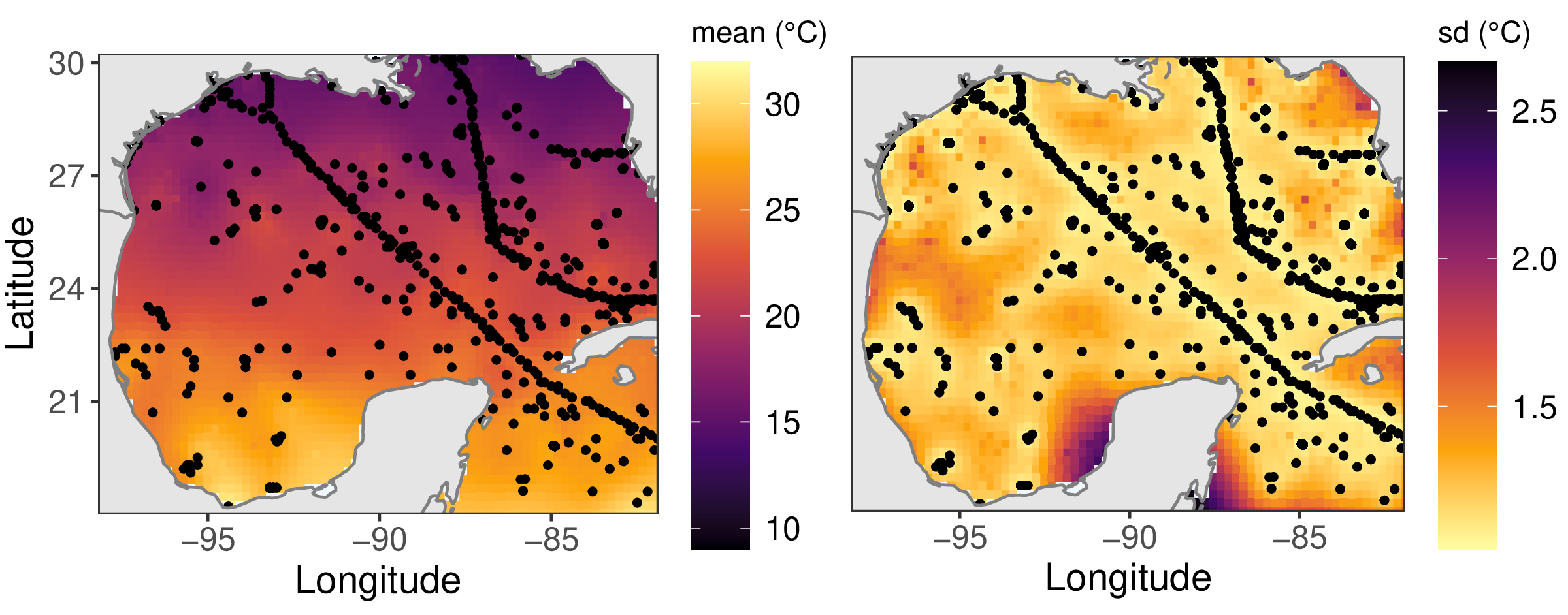 Figure 8: Estimated posterior predictive mean and marginal standard deviation of the SST at a grid of locations obtained with the proposed approach. Points represent the observed locations.