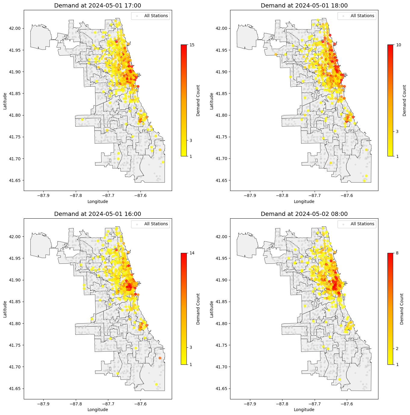 Figure 2: Spatial distribution of Divvy bike‐share demand at four peak hours