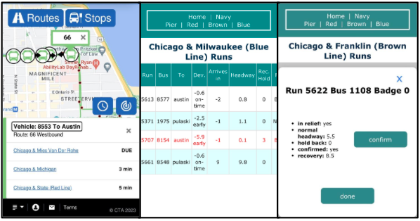 Figure 2: User toolkit: CTA BusTrackerapplication (left) and DSS web app user interface (center and right)