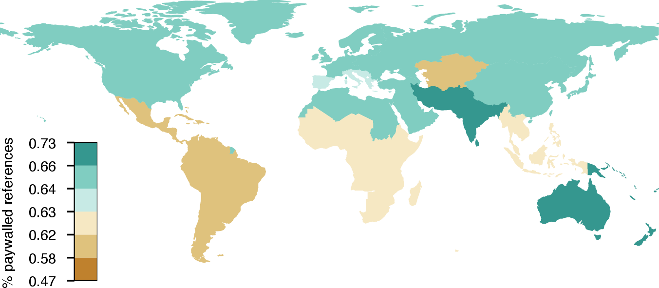 Figure 5: Global disparity of citations to Open Access papers. Same as Figure 2A but the percentage of references towards paywalled papers is calculated for each region (instead of country).