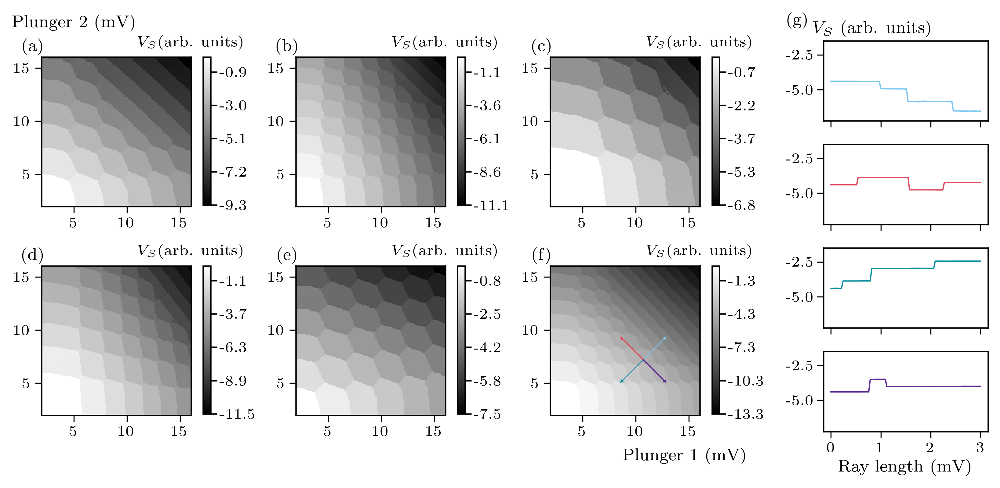 Figure 4: (a)-(f) Examples of CSDs generated with randomized physics parameters. (g) Examples of ray data generated along the rays shown on the CSD in panel (f).