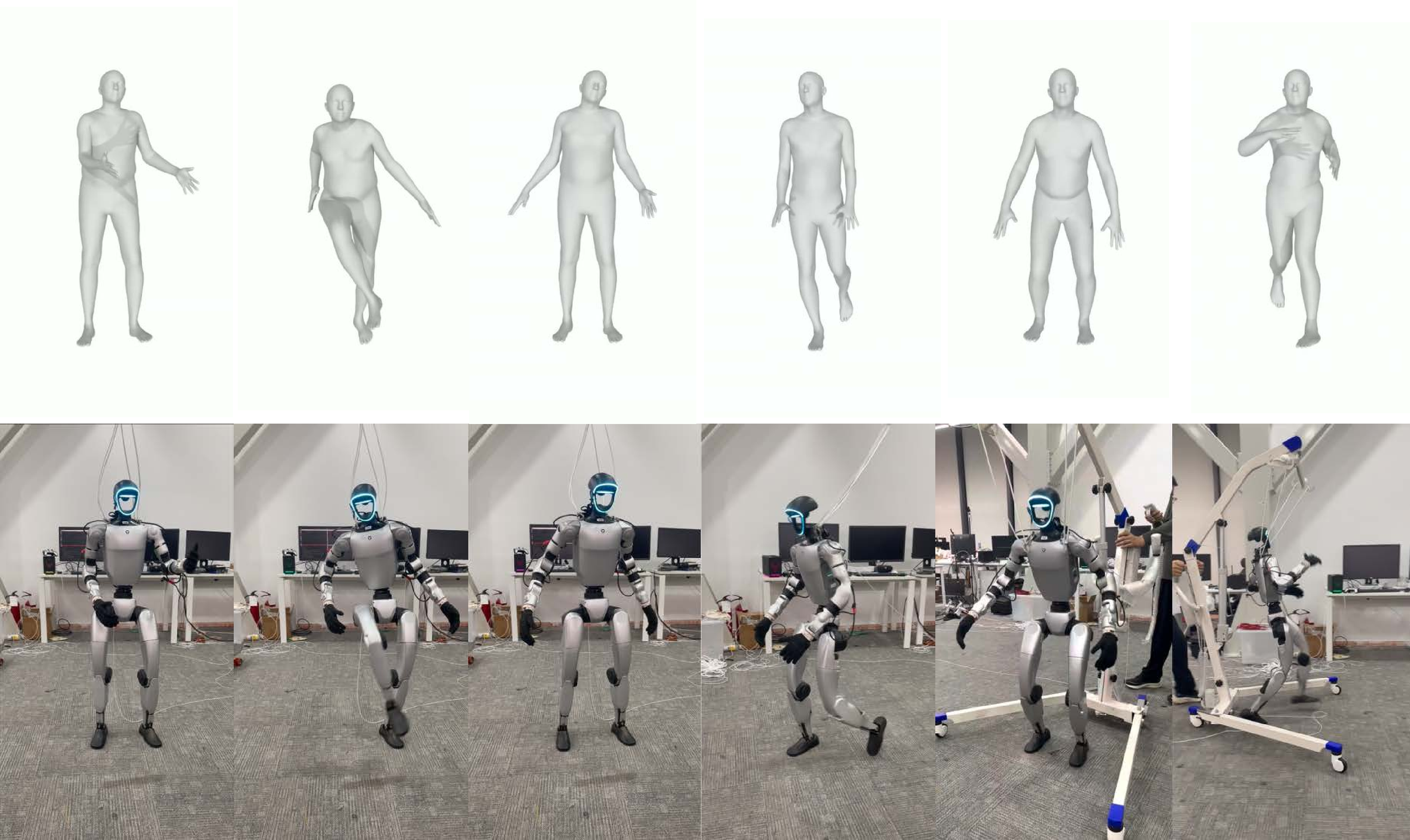 Figure 10: Real-world hardware deployment. Downstream whole-body controllers accurately reproduce the human-like stylistic nuances embedded within the IKMR-transformed trajectories.