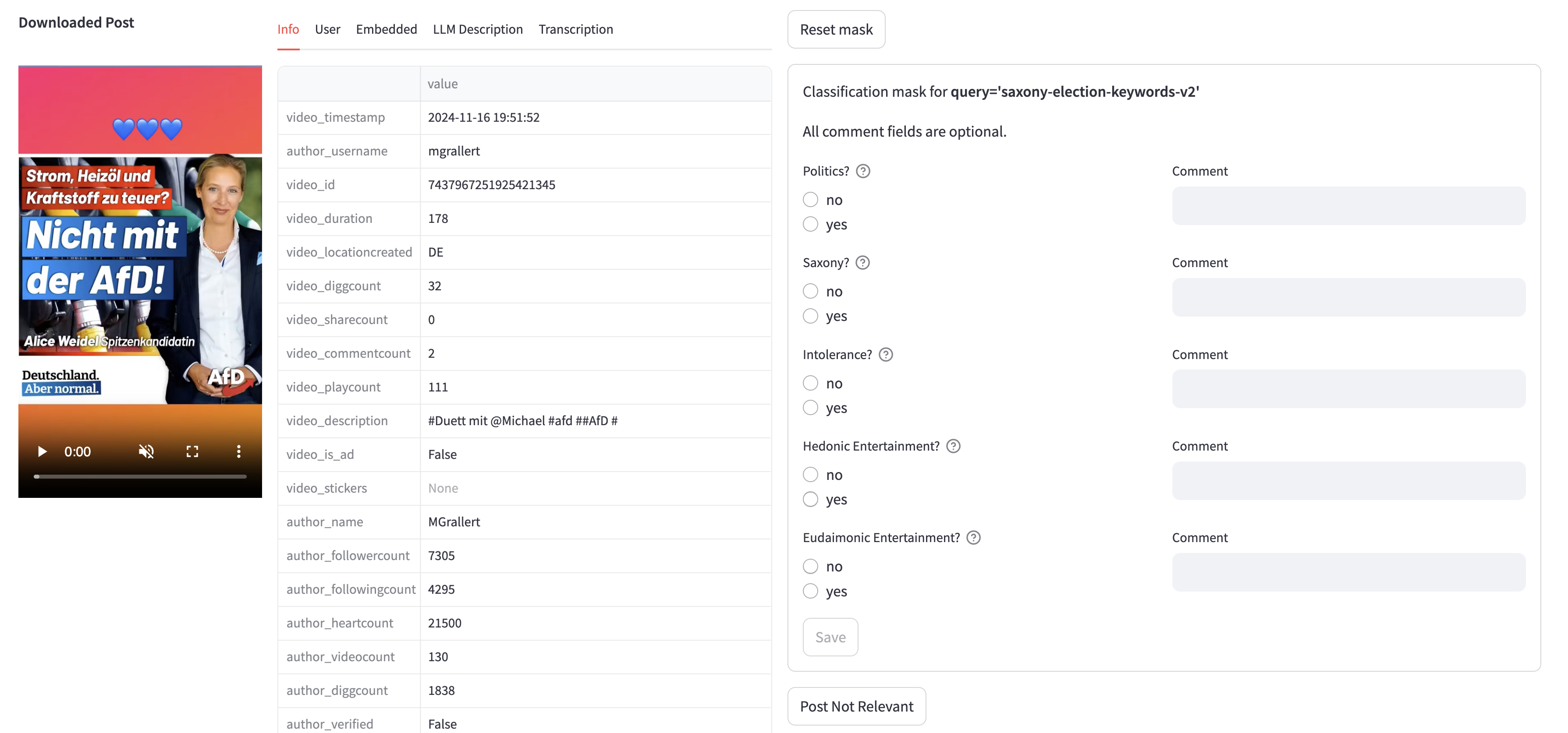 Figure 4: Annotation UI. The left half shows the multimodal post media (video, audio) and textual metadata. The right half shows the annotation mask. By hovering over the question mark, the annotator can see the full codebook for each question.
