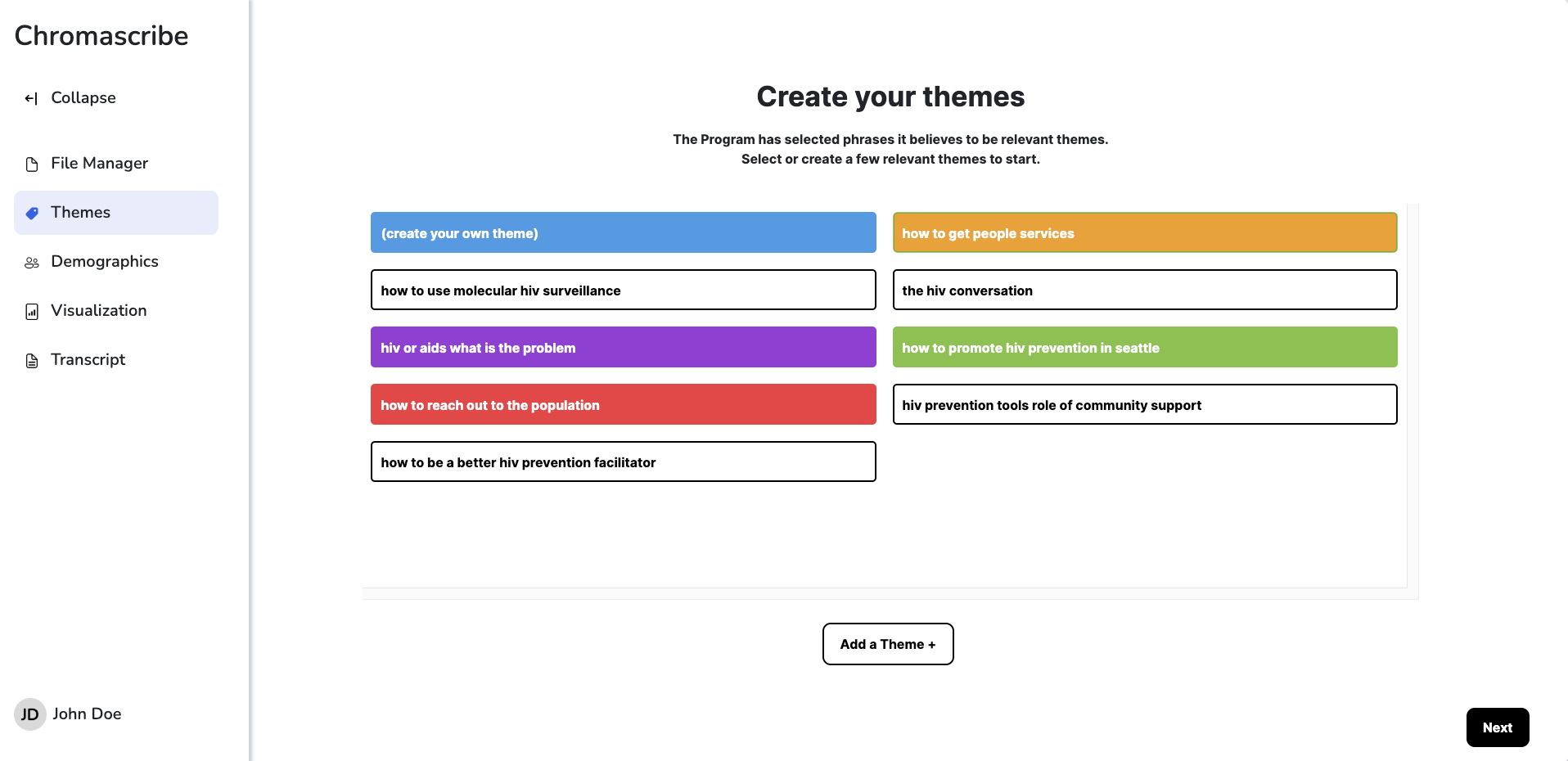 Figure 2: The theme selection page shows AI-generated themes. The user can select automated themes and/or add their own themes using the button at the bottom. Selecting a theme assigns a color to the theme. The selected themes are automatically applied to all transcripts and visualized on the main page.