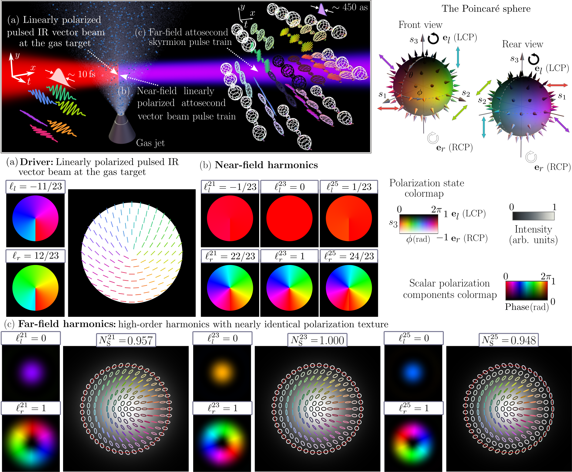Figure 1: Generation of an attosecond EUV skyrmion pulse trains from an IR linearly polarized fs vector beam via HHG. The instantaneous polarization state of the pulse train is encoded by a color map that assigns each point to its location on the Poincaré sphere. (a) Input driver at the gas target: intensity–phase maps of the LCP and RCP components, together with the intensity–polarization map designed to produce a skyrmion in the 23rd harmonic. (b) Near-field intensity–phase maps of the LCP and RCP components for harmonics q=21,23,25, where the polarization distribution equals that of the driver. (c) Far-field intensity–phase maps of the circular components for harmonics q=21,23,25, along with the corresponding intensity–polarization maps. All three harmonics evolve into nearly equal skyrmion structures with N^{q}_{\mathrm{S}}\approx1 within a common closed contour of 0.34 mrad in the far field, indicated by the red dashed line.