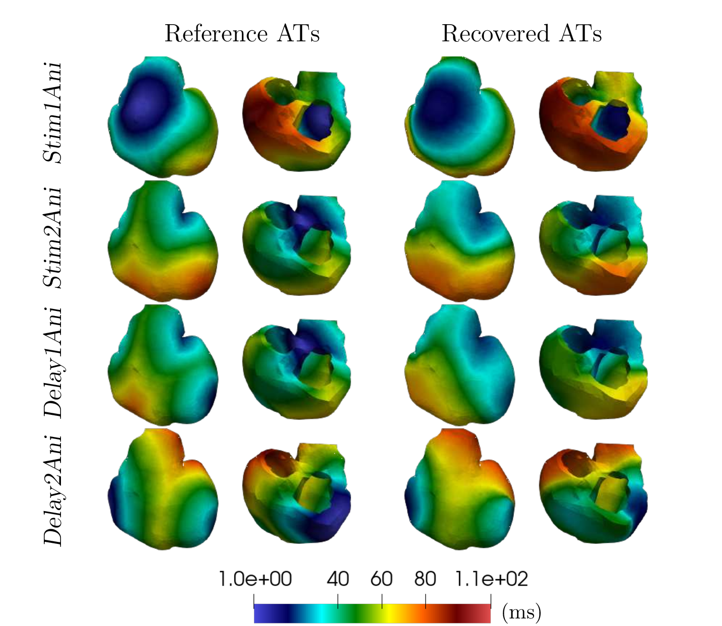 Figure 4: Reconstructed activation maps for the first four anisotropic propagation test cases.