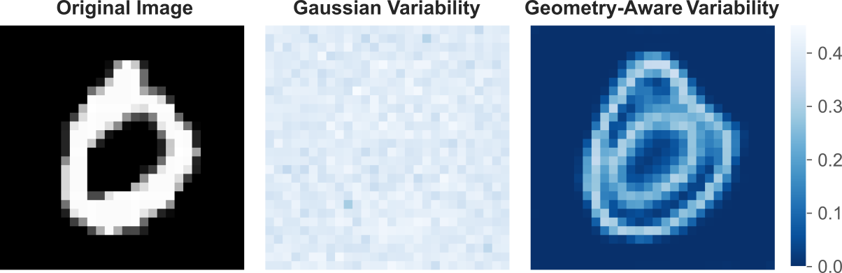 Figure 7: An example image of a ‘0’ (left) along with the pixel-wise standard deviation over 100 augmentations of it, using ambient Gaussian noise (middle) and intrinsic Brownian motion (right). Where ambient noise is somewhat uninformative, the geometry-aware noise targets natural variations on the edges of the digit.