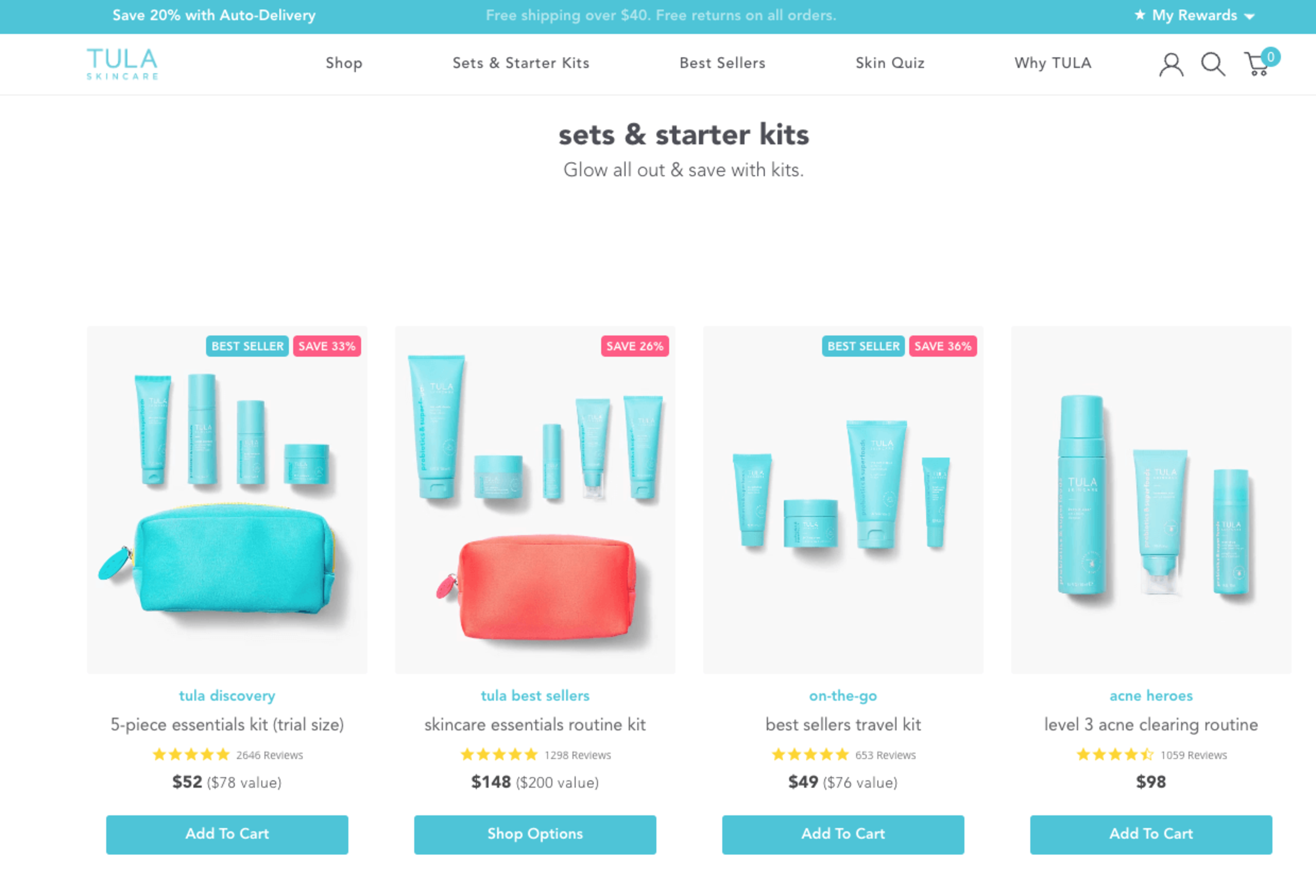 Figure 1: An illustration of a mixed bundling strategy in e-commerce (Tula Skincare). The retailer offers various “sets and starter kits” while explicitly displaying the discounted bundle price alongside the original component value to influence customer choice.