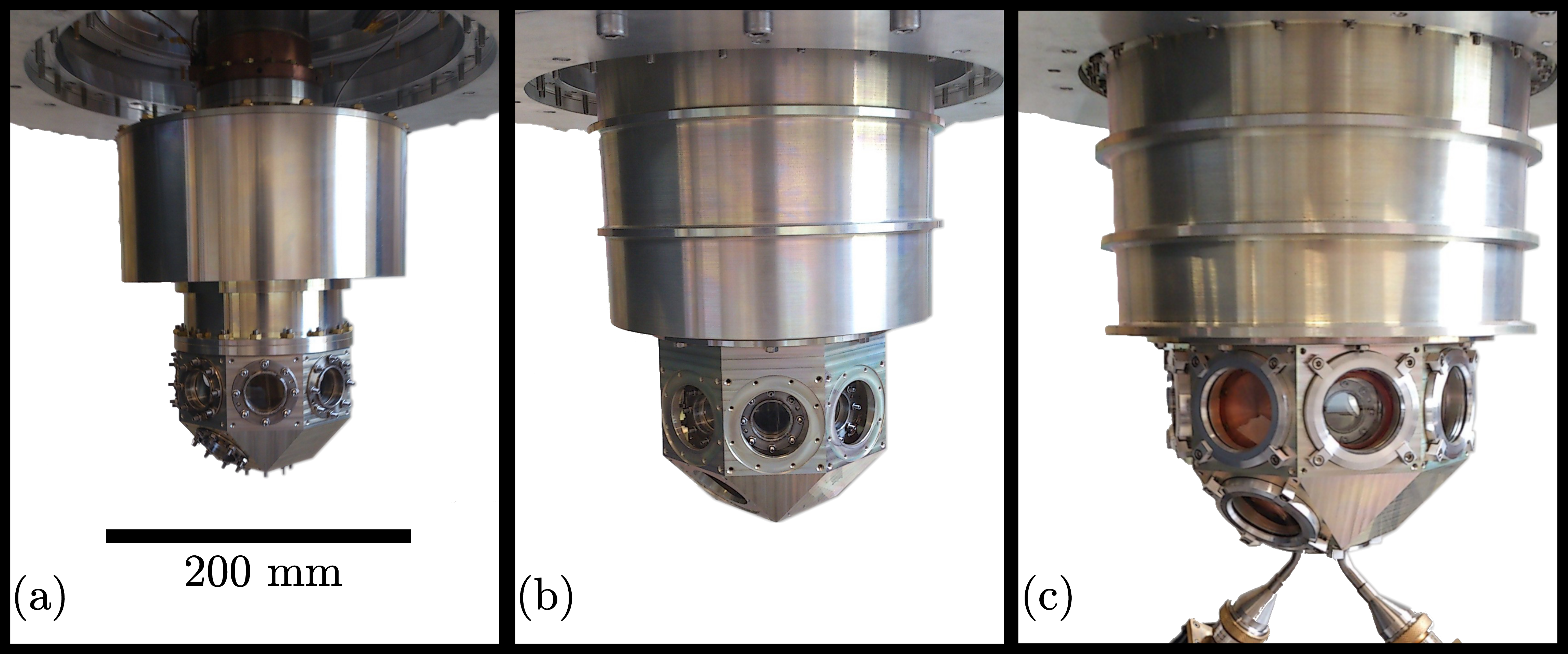 Figure 1: Experimental cell with optical ports. The helium reserve is located above the optical access ports, and thermometer data can be transmitted through a reconfigured optical port (here, the bottom port). (a) Inner cell, which contains the liquid helium. (b) 77 K intermediate jacket in thermal contact with the nitrogen reservoirs. (c) 300 K layer.
