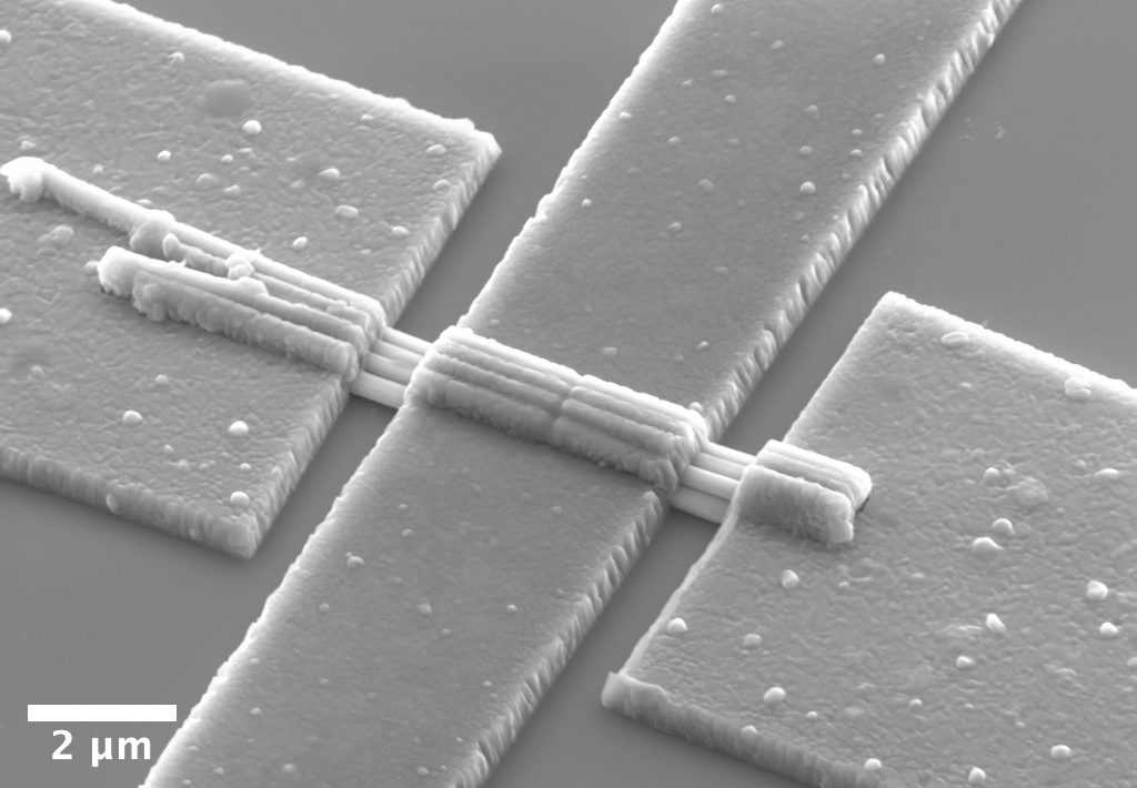 Figure 8: SEM image of a nanowire array with a topgate electrode covering the Josephson junction in the center.
