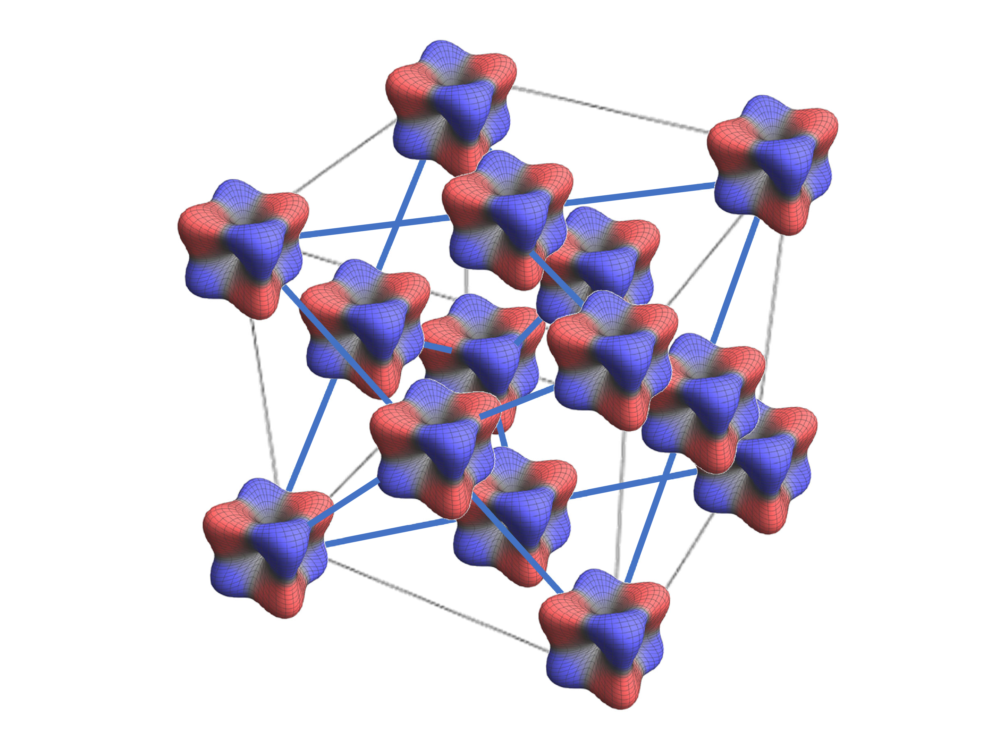 Figure 4: Schematic drawing of the ferro-octupolar order of the Os^{6+} ions in Ba_2CaOsO_6. Red and blue colors indicate the distribution of spin-up and spin-down electrons, respectively. Nearest-neighbor Os atoms are connected by blue lines.