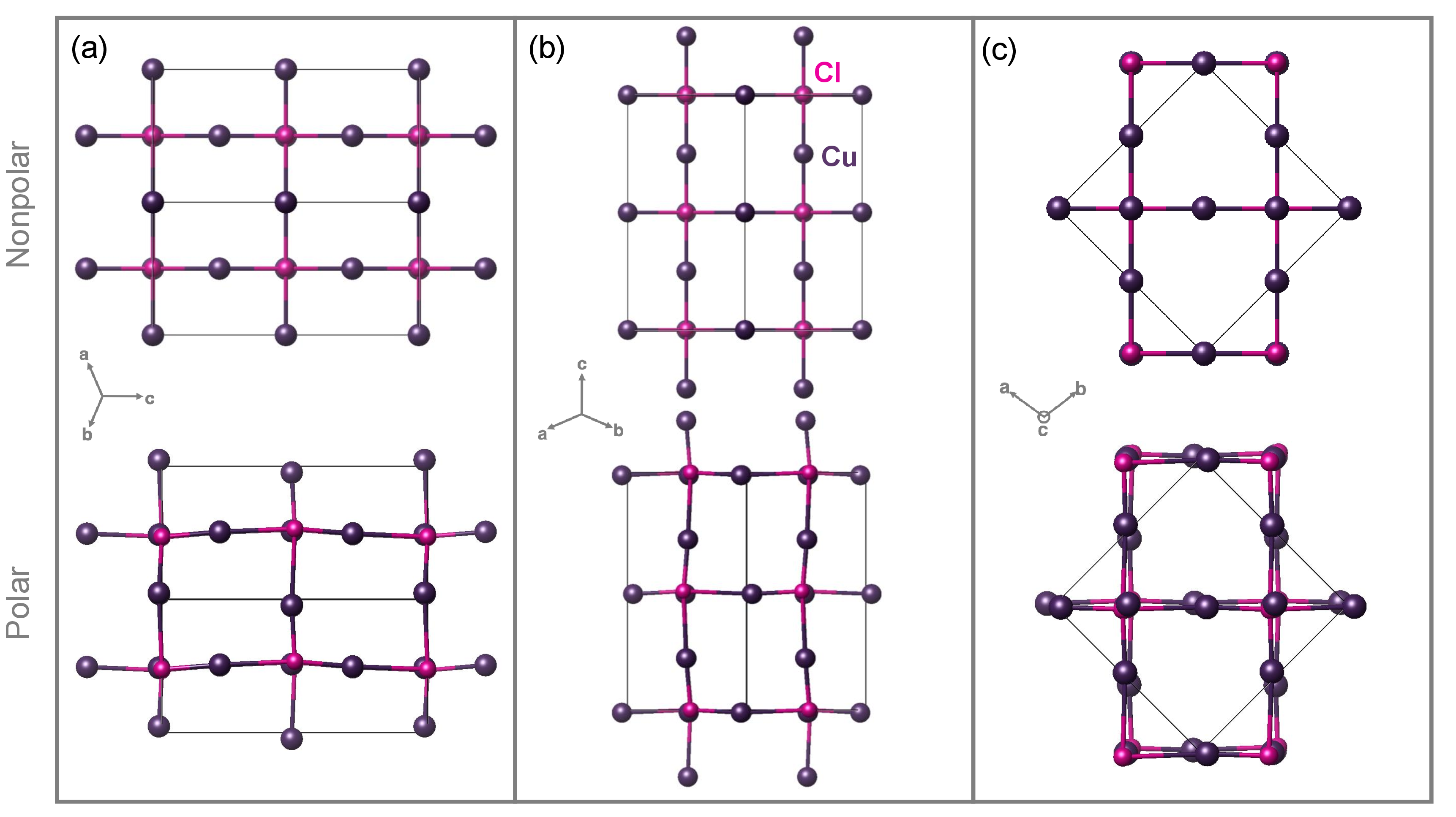 Figure 2: DFT-relaxed structures of Cu_3B_7O_{13}Cl in the non-polar and polar polymorphs, shown along the same three orientations from the STEM measurements. In each orientation pair, the top panel shows the F4̄3c (non-polar) phase, and the bottom panel shows the Pca2_1 (polar) phase. Cu atoms are shown in purple, Cl in pink, while B and O are omitted for clarity. The off-centering magnitude and direction of Cu in the polar phase, relative to the symmetric cubic positions, are evident in each view. These models underlie the simulated STEM images and displacement maps used to train and validate our deep-learning pipeline.