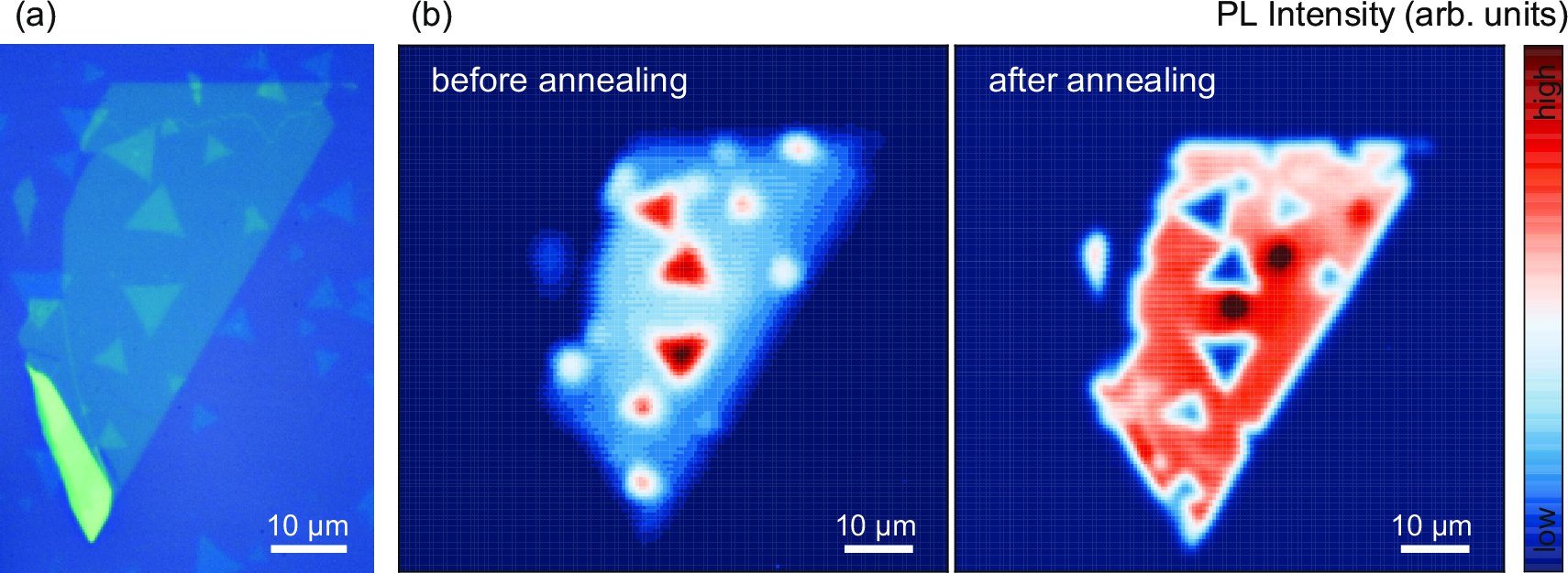 Figure 7: (a) Optical microscope image and (b) PL maps of the MoS_2/WS_2 sample introduced in Figure 2 in the main text. Good interfacial contact between the heterostructures’ layers was established by annealing and verified by the observation of quenching of the WS_2 A-Exciton emission. A 532 nm laser was used for excitation.