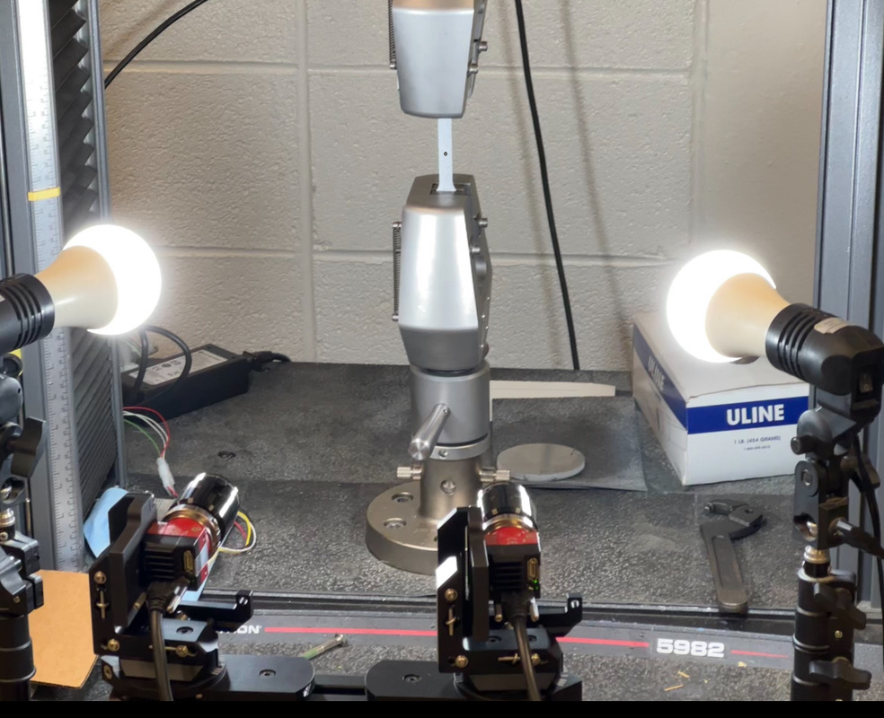 Figure 3: Stereoscopic DIC experimental setup showing dual-camera configuration with specimen positioning. The rigid mounting frame ensures stable camera positioning throughout the test duration.