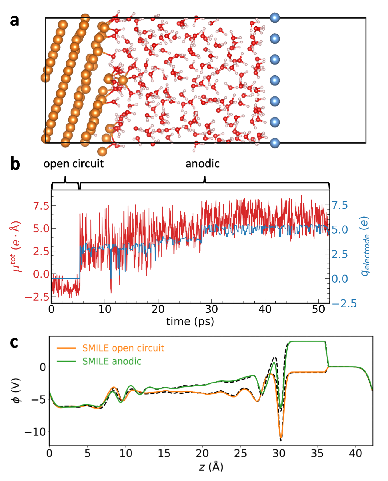 Figure 4: (a) Atomistic model of the Mg(12\bar{3}​5)/water interface. (b) The evolution of the macro dipole \mu^\mathrm{tot} and the electrode charge q_{\mathrm{electrode}} as a function of time in the AIMD simulation. The first 5 ps is under open circuit condition, followed by 45 ps of anodic bias. (c) The predicted electrostatic potential \phi under open circuit condition and anodic bias predicted by the SMILE model (colored lines) in comparison to the DFT references (black dashed lines).
