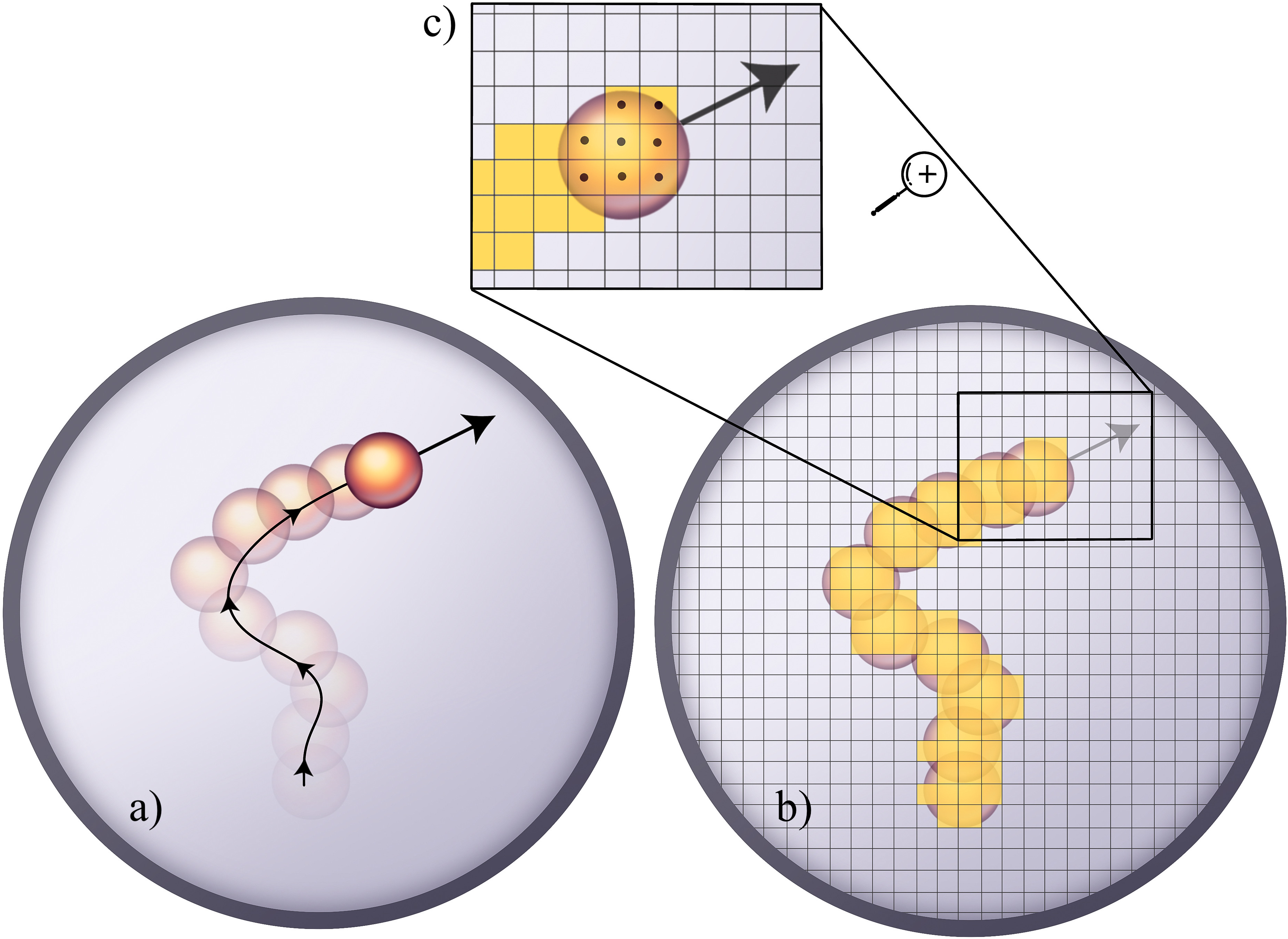 Figure 5: Discretized particle path and area, with \delta = 0.133 r_p and \mathcal{A}/(\pi R^2)\approx 0.1. Unoccupied and occupied cells are shown in gray and yellow. Overlapping black path shows center of mass trajectories.