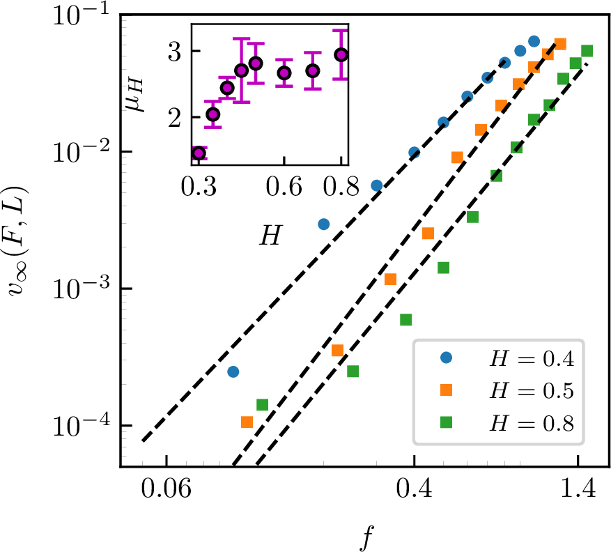 Figure 4: Steady-state velocity v_\infty as a function of reduced force f=(F-F_c)/F_c on a log–log scale for different values of the Hurst exponent H for L=1024. The extracted velocity exponent \mu_H for L\to\infty.