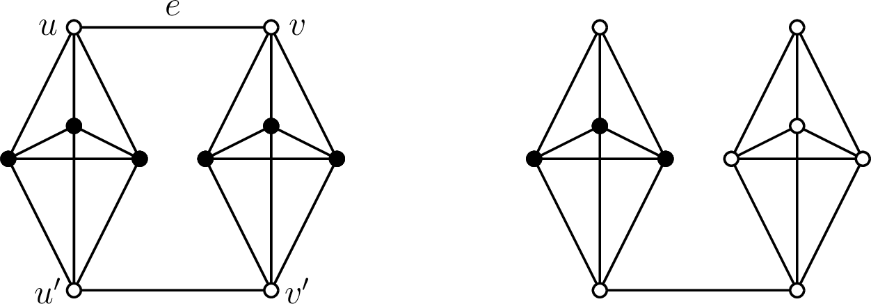 Figure 4: Graphs Y'_4 and Y'_4-e, and their {\rm gp}_{\rm o}-sets